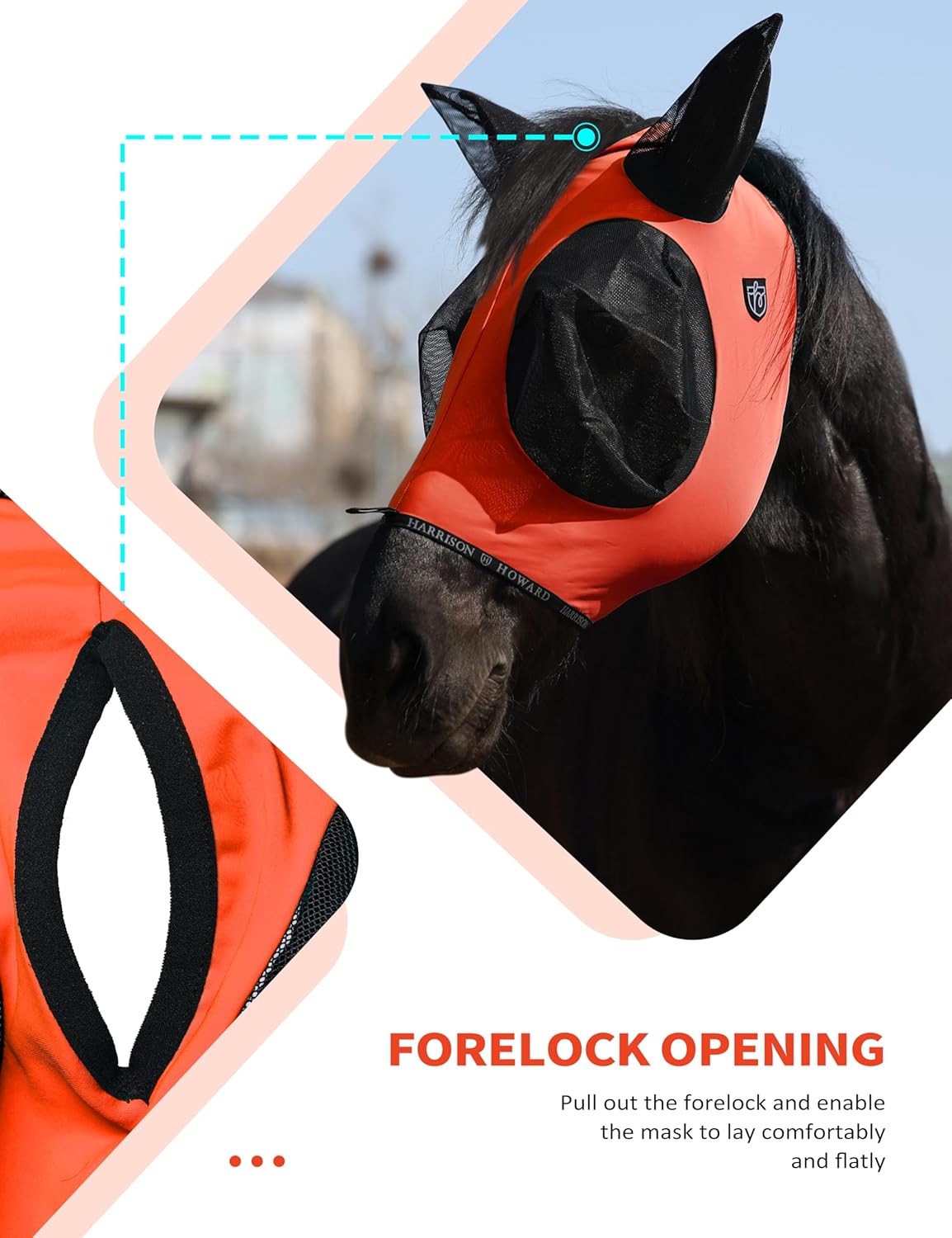 Harrison Howard Horse Fly Mask with Forelock Opening Stretch Breathable and Comfortable for Horses UV -Protection Orange L