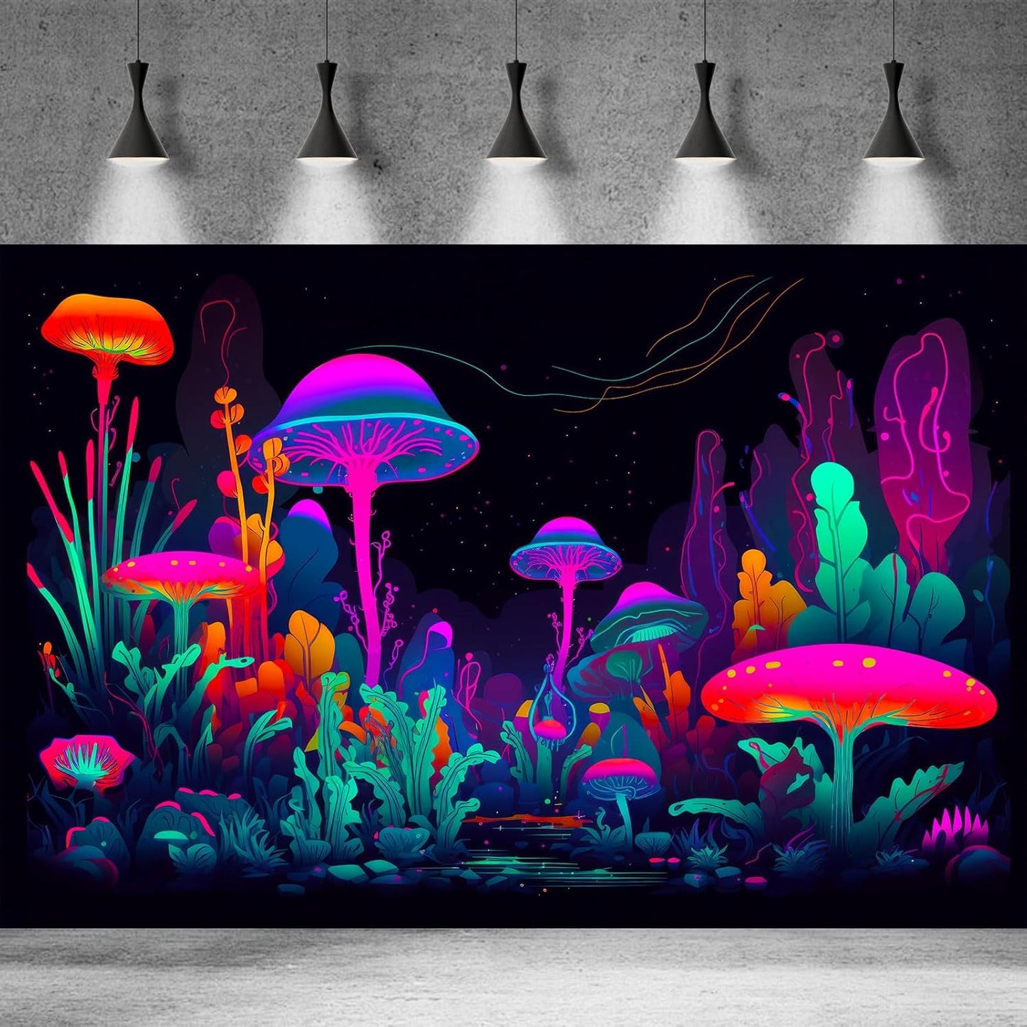 Mushrooms Aquarium Background Mushrooms in Dark Forest with Bright Colors Terrarium Background Tranquil Lake Cartoon Style Aquatic Plants Fish Tank Backdrop Poster Decorations Wallpaper Decor 24x16in