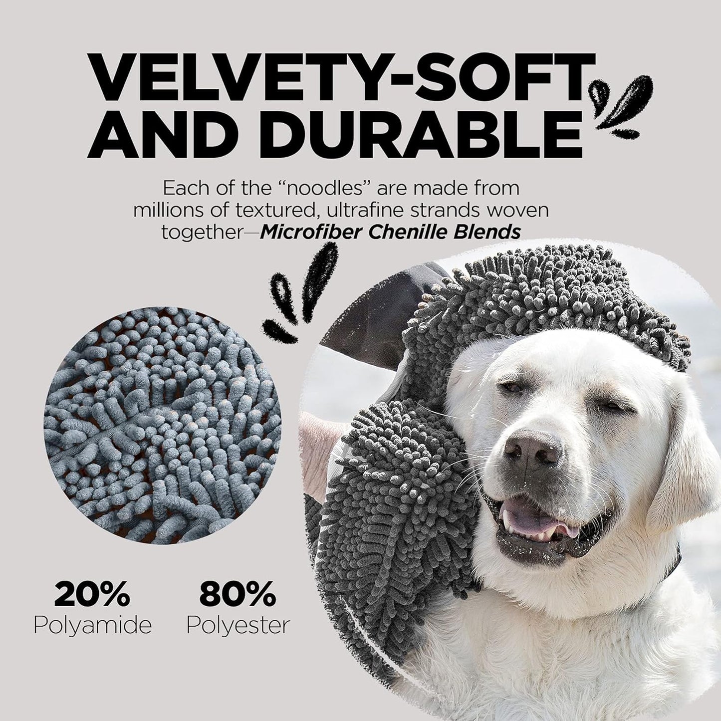 Soggy Doggy Super Shammy Dog Towel - Microfiber Chenille Towel for Drying Dogs and Cleaning Paws - Fast Drying with Hand Pockets for Ease (Gray, 31” x 14”)