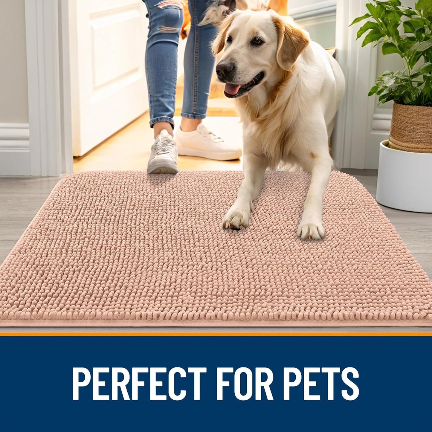 OLANLY Dog Door Mat for Muddy Paws 70x35, Absorbs Moisture and Dirt, Absorbent Non-Slip Washable Doormat, Quick Dry Chenille Mud Mat for Dogs, Entry Indoor Entryway Carpet for Inside Floor, Peach