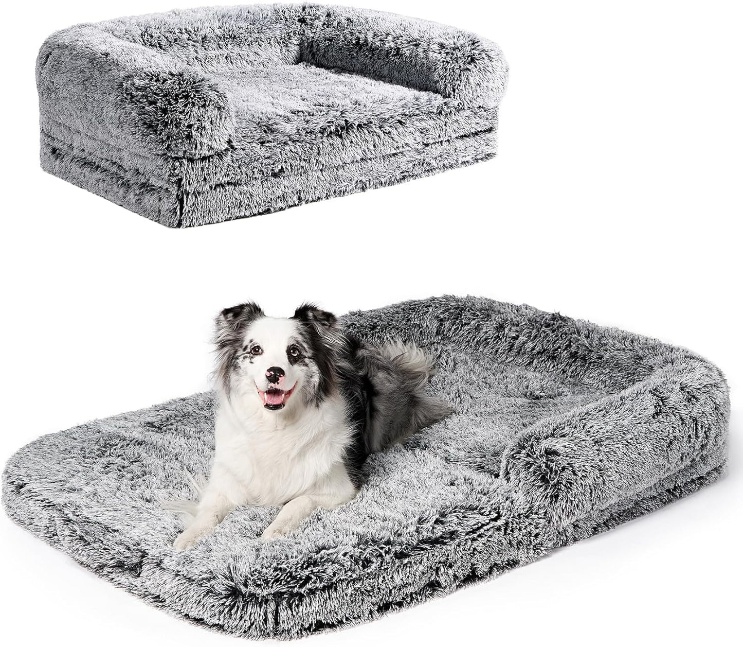 EHEYCIGA Foldable XXL Dog Bed, Faux Fur Fluffy Pet Couch Bed for Extra Large Dogs, Orthopedic Calming Memory Foam Pet Bed, Washable Soft Pet Sofa Bed with Non-Slip Bottom, Faded Black, 54"x38"x7.5"