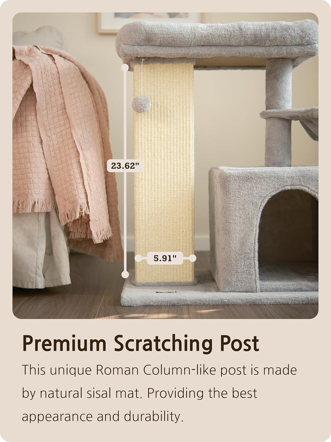 Ouritsu Cat Tree, 27 inch Cat Tower for Large Cat Indoor, Enlarged Condo, 1 Widened Padded Perch, Luxury Tall Scratching Post, Fluffy Basket, Light Gray, MF002GA