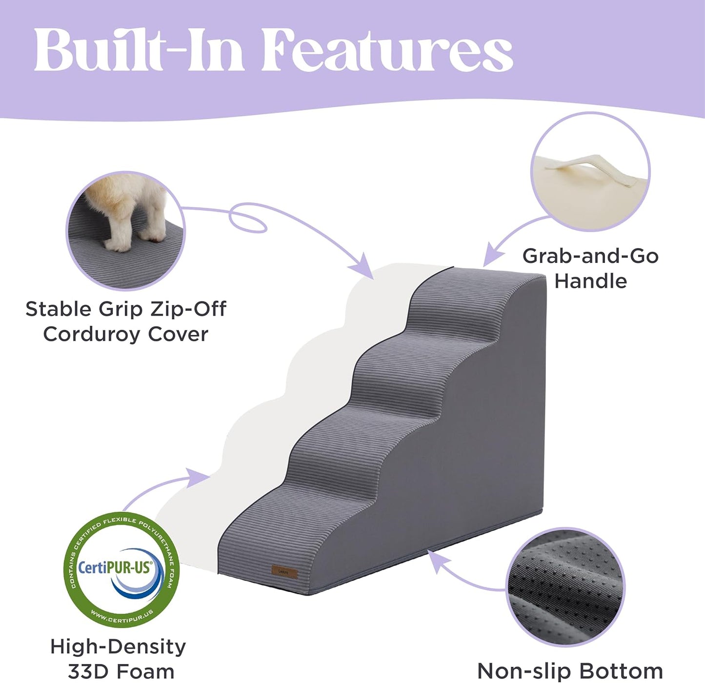 Lesure Dog Stairs for Small Dogs and Cats Pet Steps Ramp for Bed and Couch with CertiPUR-US Certified Foam with Non-Slip Bottom, Grey, 3 Steps