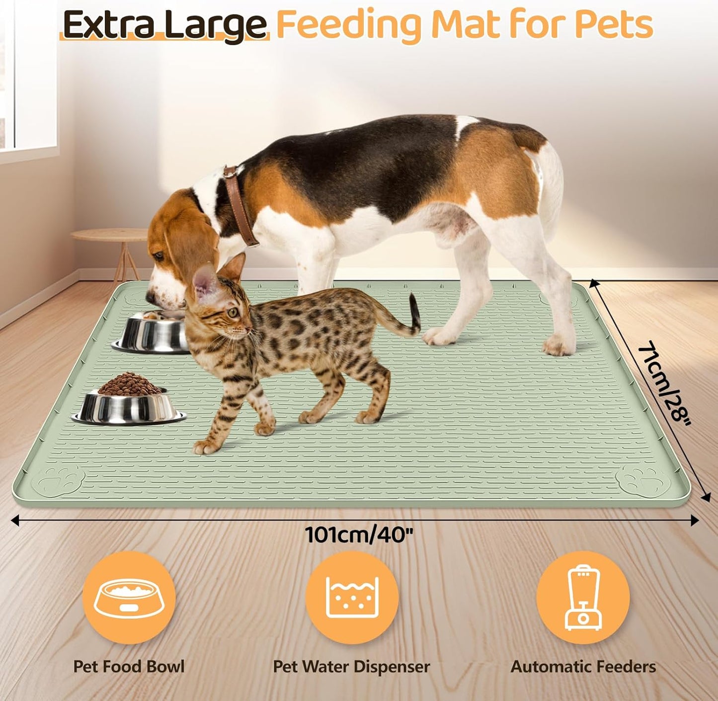 Dog Food Mat, Extra Large 40" x 28" Silicone Pet Feeding Mat for Small, Medium, and Large Pets Non-Slip, Easy to Clean, Green