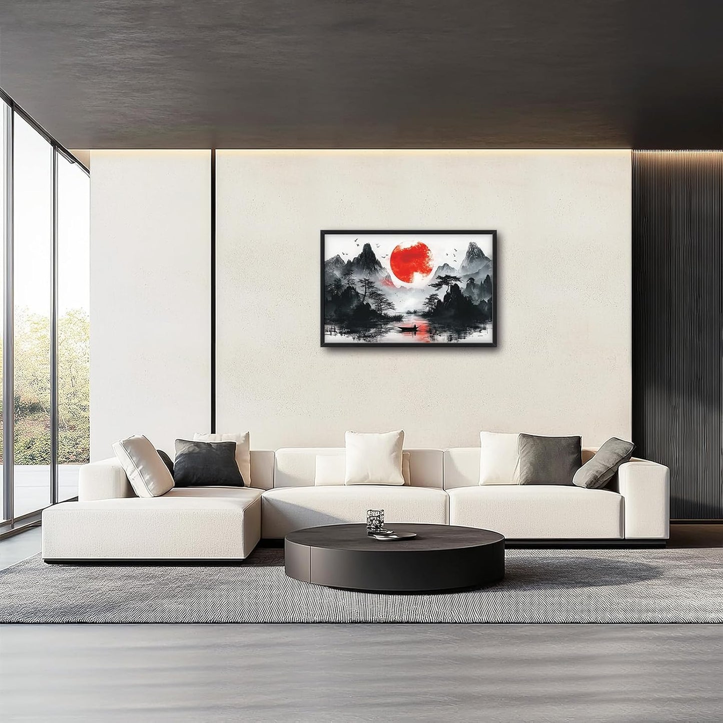 Framed Large Japanese Mountain Wall Art for Living Room, Oversized Asian Red Sun Lake Landscape Wall Decor Nature Canvas Painting Home Decoration for Living Room Bedroom Office 36"x24"