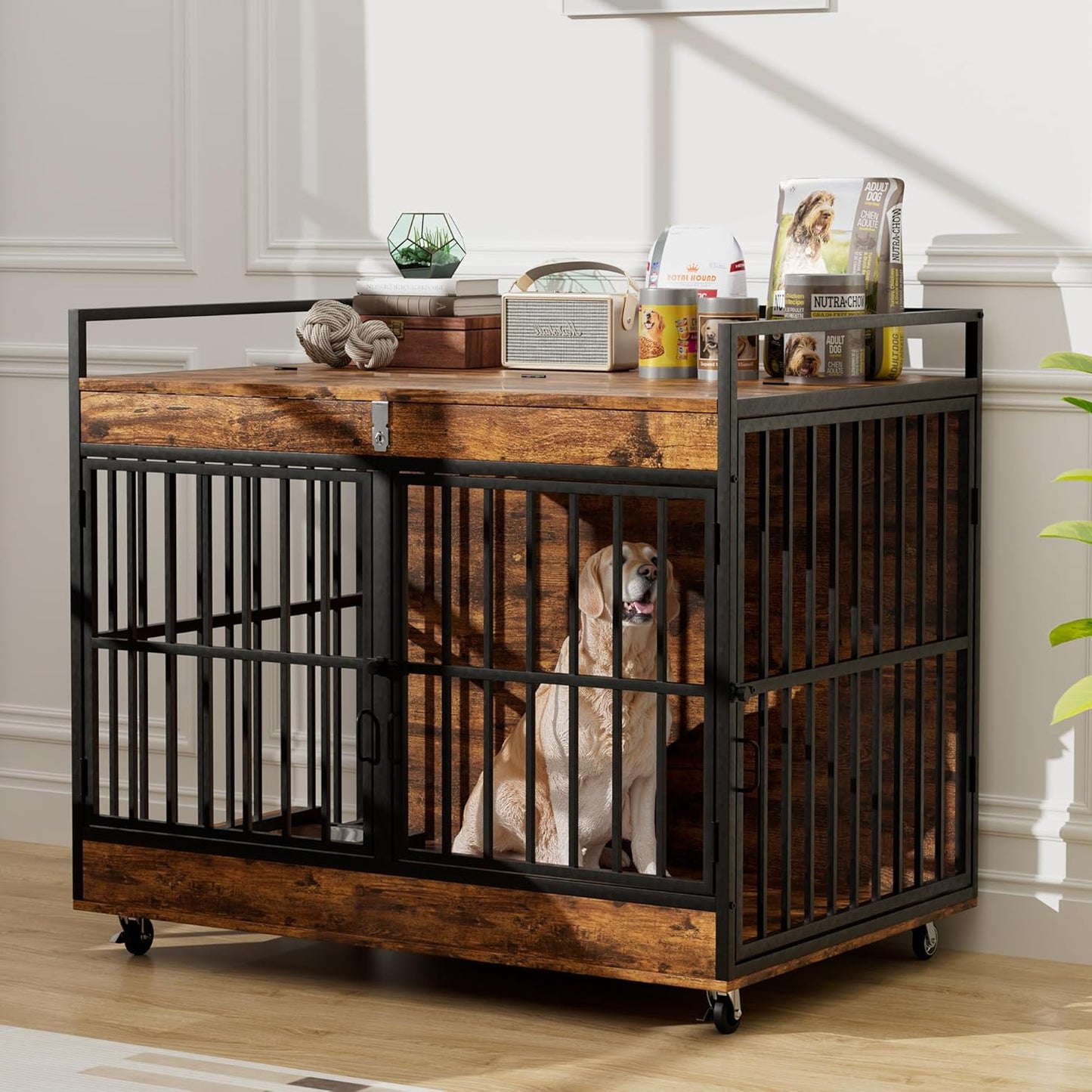 Dog Crate Furniture Large Breed with 2 Stainless Steel Bowls, Large Wooden Dog Crate Table, Escape-Proof & Chew-Proof XL Furniture, Decorate House As TV Stand, End Table, 45" L X 30" W 37" H