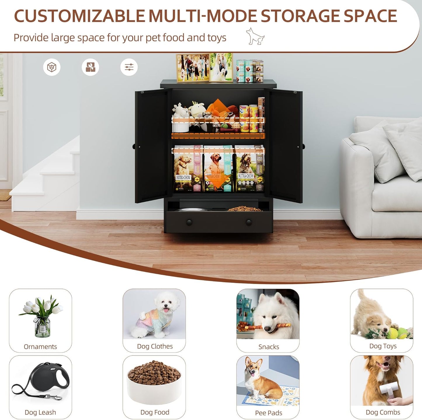 Dog Feeding Station with Storage, Metal Dog Food Storage Cabinet with 2 Elevated Bowls and 3 Hooks, Pet Feeding Station and Food Storage Organizer, Black