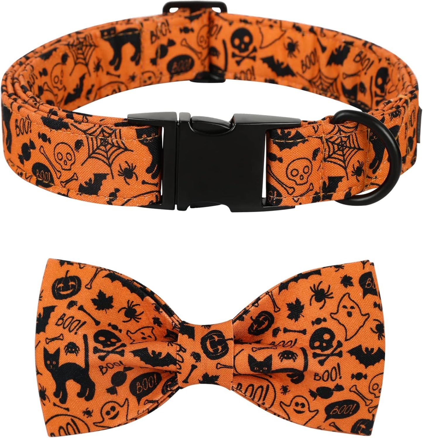 Lionet Paws Halloween Dog Collar with Bowtie - Cute Cotton Adjustable Fall Bowtie Dog Collar with Metal Buckle for Small Medium Large Dog Girl Boy Gift, M, Neck 13.5-22in
