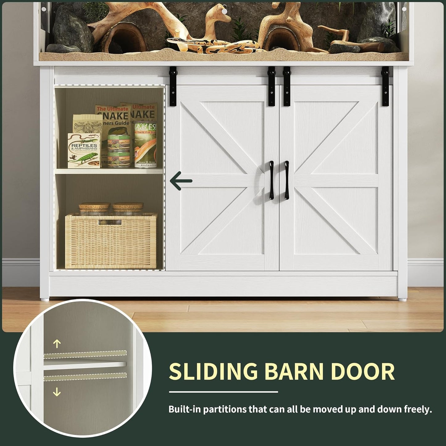 60 Gallon Reptile Terrarium with Stand, Terrarium Enclosure with Acrylic Doors, Storage Cabinet with Barn Door, Mesh Lid & Power Outlet – Vivarium Habitat for Medium Reptiles White PX05RTW