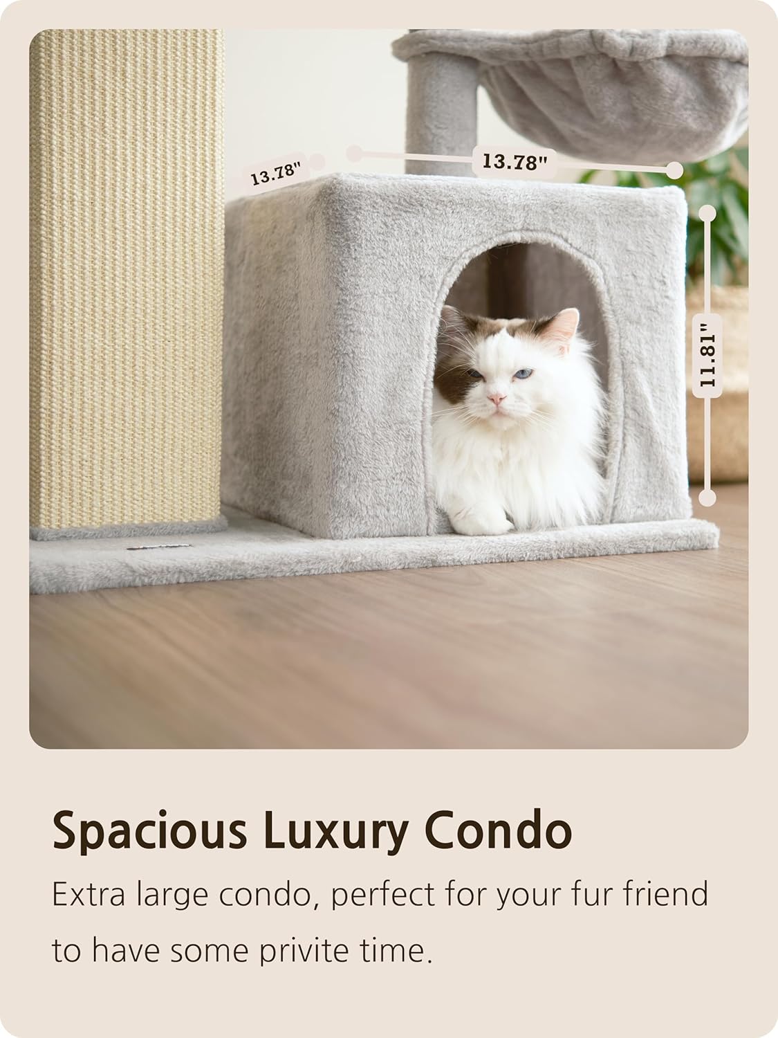 Ouritsu Cat Tree, 27 inch Cat Tower for Large Cat Indoor, Enlarged Condo, 1 Widened Padded Perch, Luxury Tall Scratching Post, Fluffy Basket, Light Gray, MF002GA