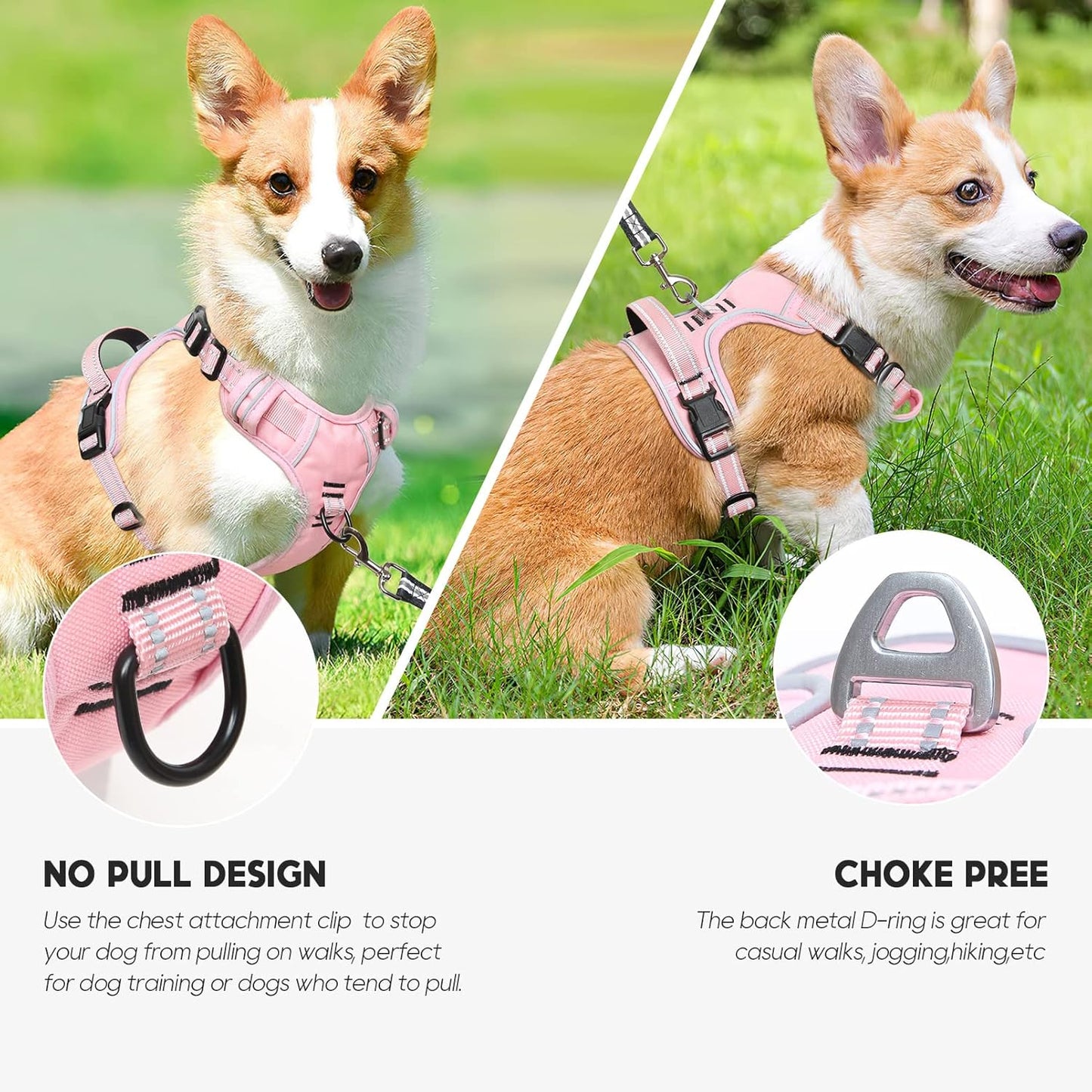 Timos Dog Harness, 3 Snap Buckles No-Pull Soft Padded Dog Vest with 2 Metal Leash Clips, Adjustable Reflective No Choke Pet Harness with Easy Control Handle for Medium Dogs,Pale Pink,M