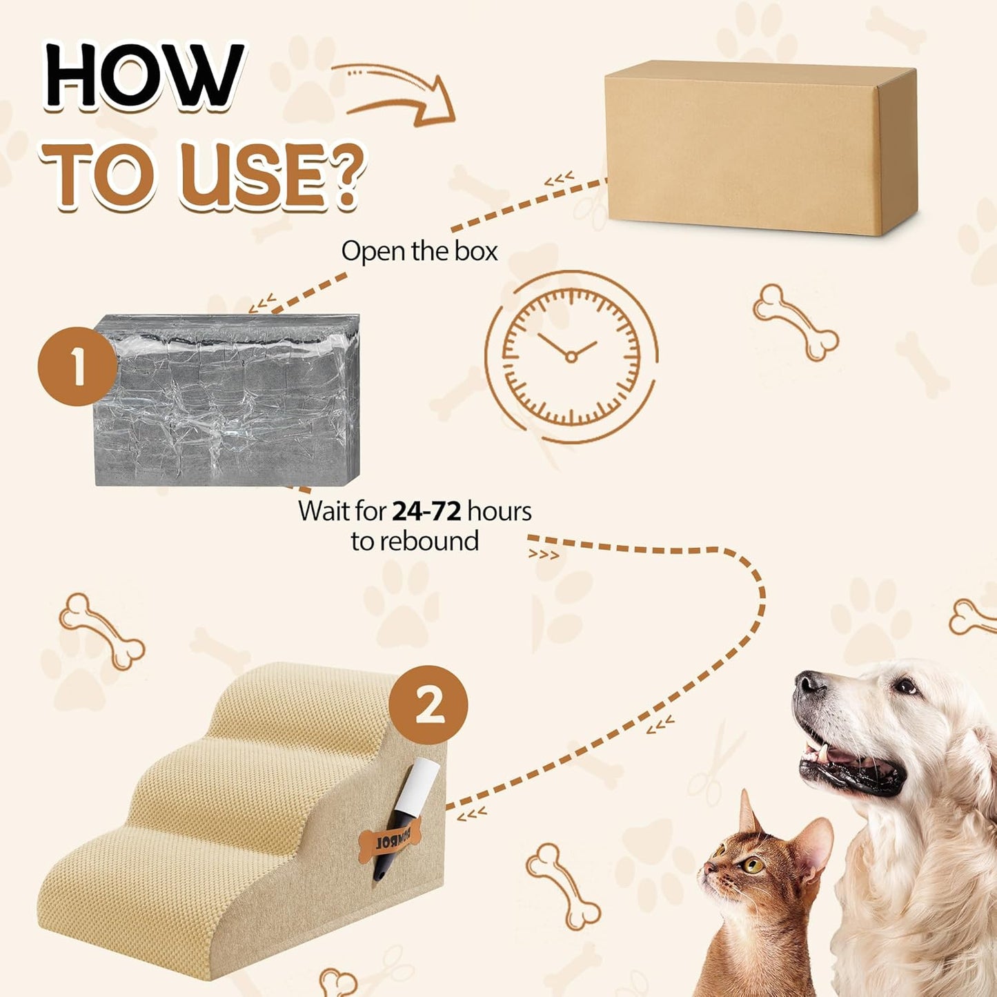 Romrol Dog Stairs Ramp for Beds Couches, Extra Wide Pet Steps with Durable Non-Slip Waterproof Fabric Cover, Dog Slope Stairs for Small Dogs and Cats or Pets Friendly, 3-Tiers, 13 Inch,Beige