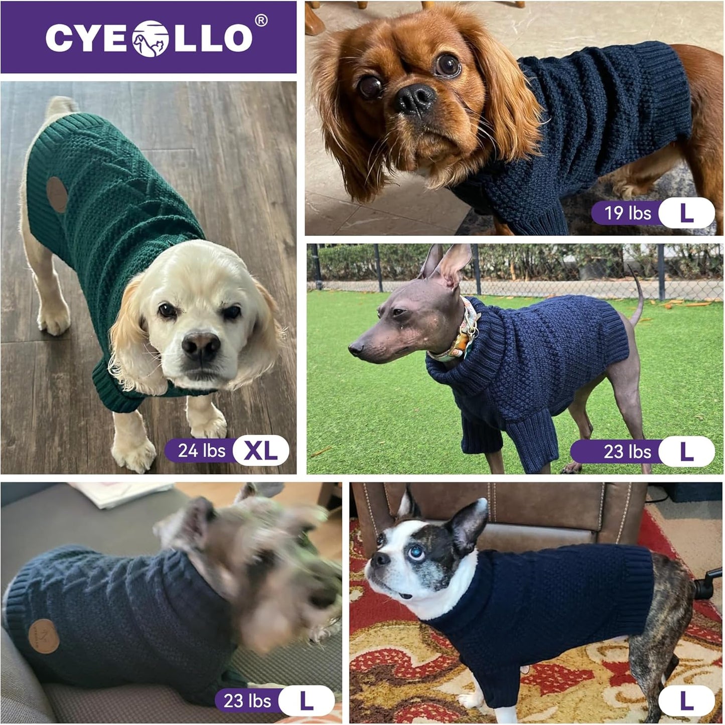 cyeollo Small Dog Sweater, Warm Stretchy Sweaters for Small Dogs Boy, Pullover Knitted Thermal Winter Big Dog Clothes with Sleeves Turtleneck Pet Beagle Border Collie Apparel, Black L