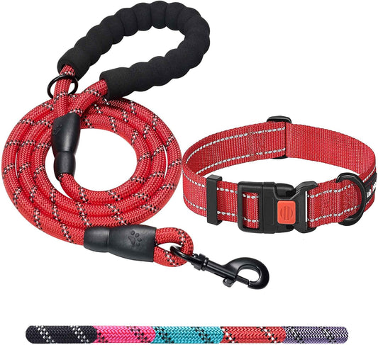 Heavy Duty Dog Leash - Comfortable Padded Handle, 5 ft Long - Dog Leashes for Small Medium Large Dogs (Leash+Collar S Neck 13.5"-16", Red)