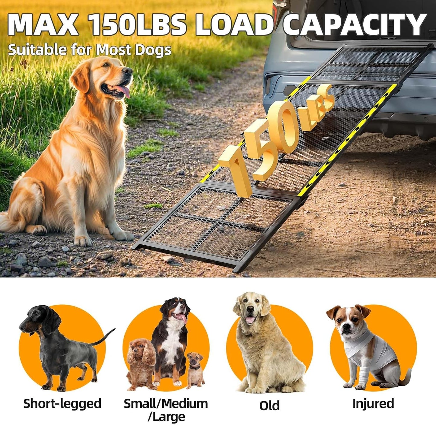 Dog Ramp for Car, 74x20 Inches Outdoor Portable Dog Ramps for Large Dogs with Reflective Strips, Non-Slip Surface Pet Ramp (Support Up to 150LBS)