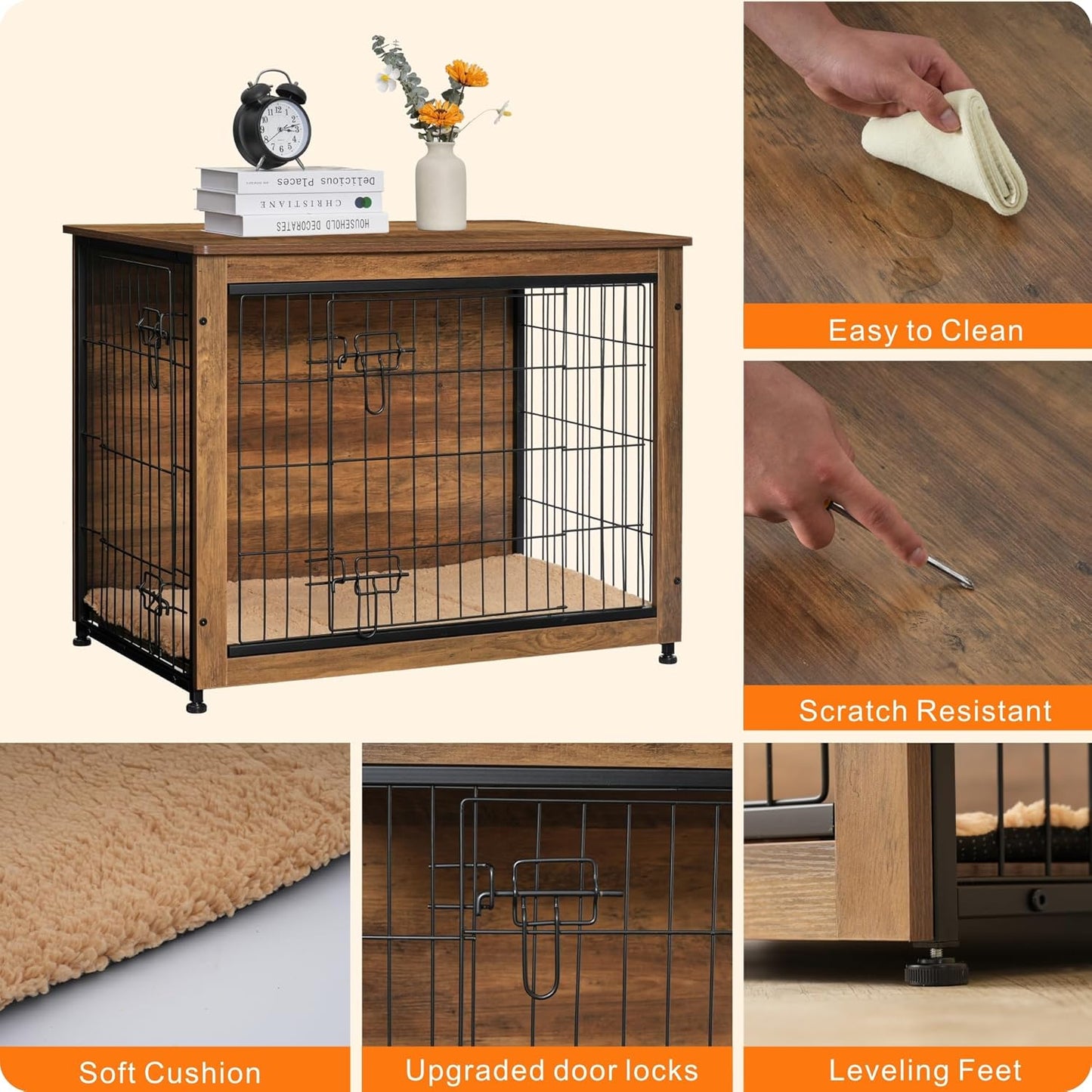 DWANTON Dog Crate Furniture with Cushion, Wooden Kennel Table with Double Doors, Indoor Dog House, Medium Size, 32.5" L, Warm Brown