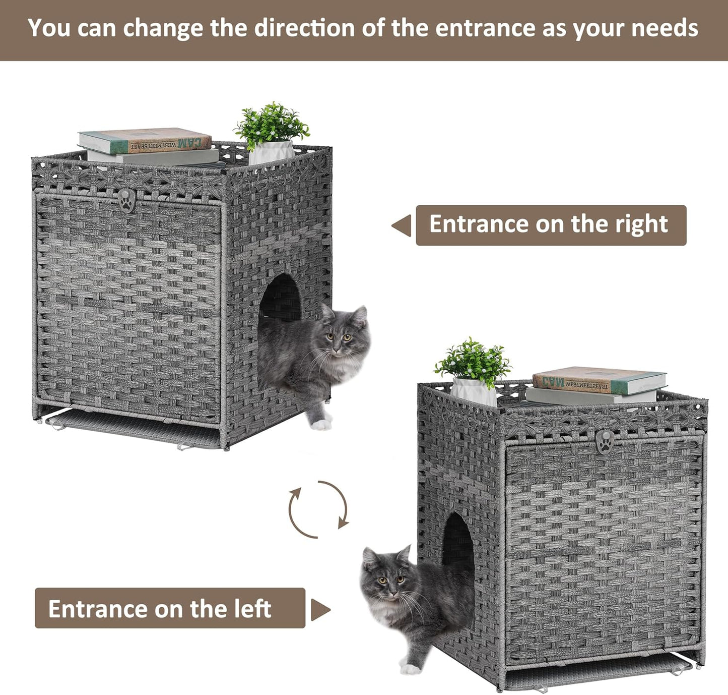 Cat Litter Box Enclosure with Soft Litter Mat; Hidden Kitten Washroom Furniture with Door; Handwoven Rattan Cat House; Pet Crate for Living Room, Bedroom, Balcony (Grey)
