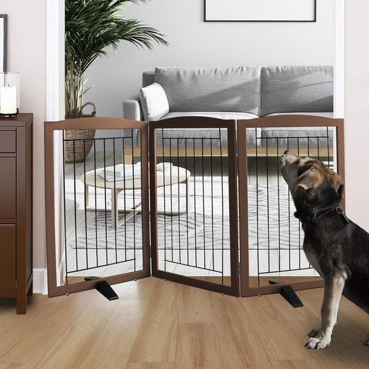 ZJSF Freestanding Dog Fence Indoor, Foldable Dog Gate for Doorways, Stairs or Hallways, Sturdy Wood Extra Wide Pet Gate with Support Feet for The House, Brown, 32 "Height-3 Panels