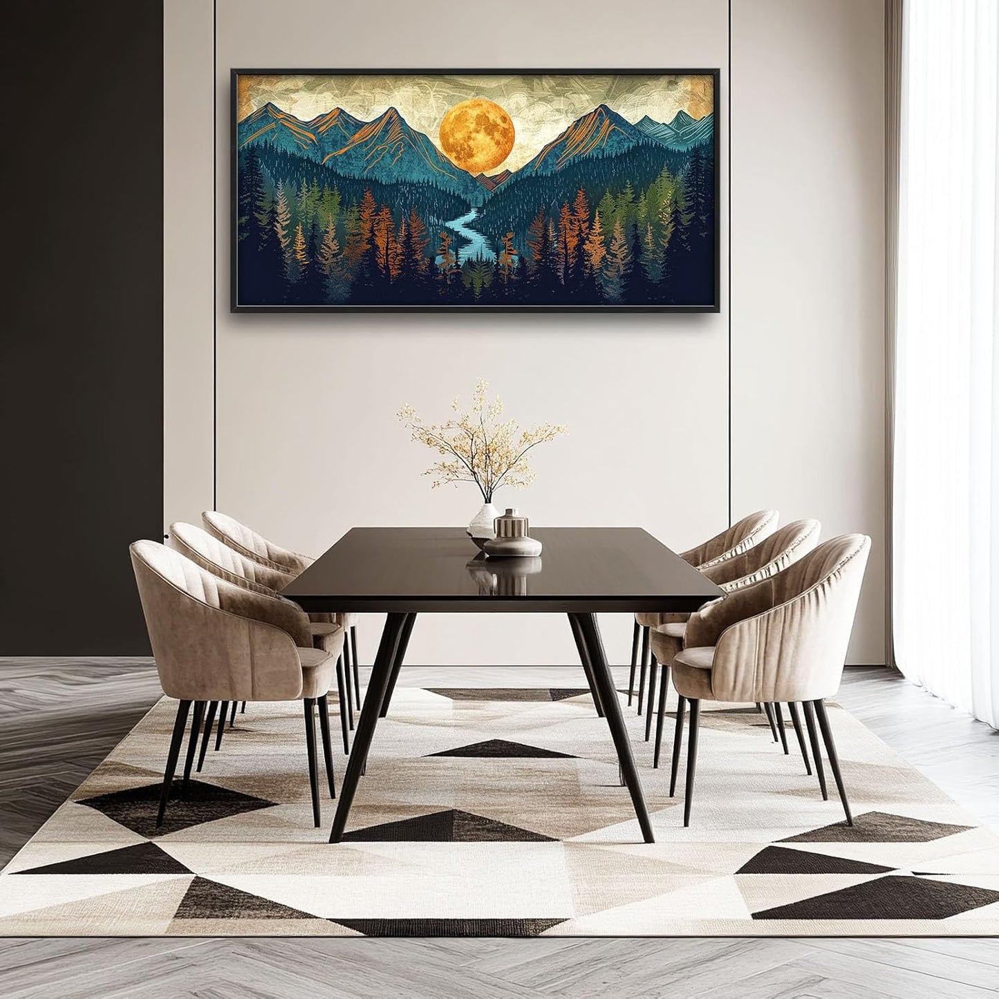 Quorin Boho Mountain Large Wall Art Mountain Landscape Pictures Moon Pine Tree Forest Lake Wall Decor Nature Canvas Print Painting Artwork for Bathroom Living Room Bedroom 60L x 30W