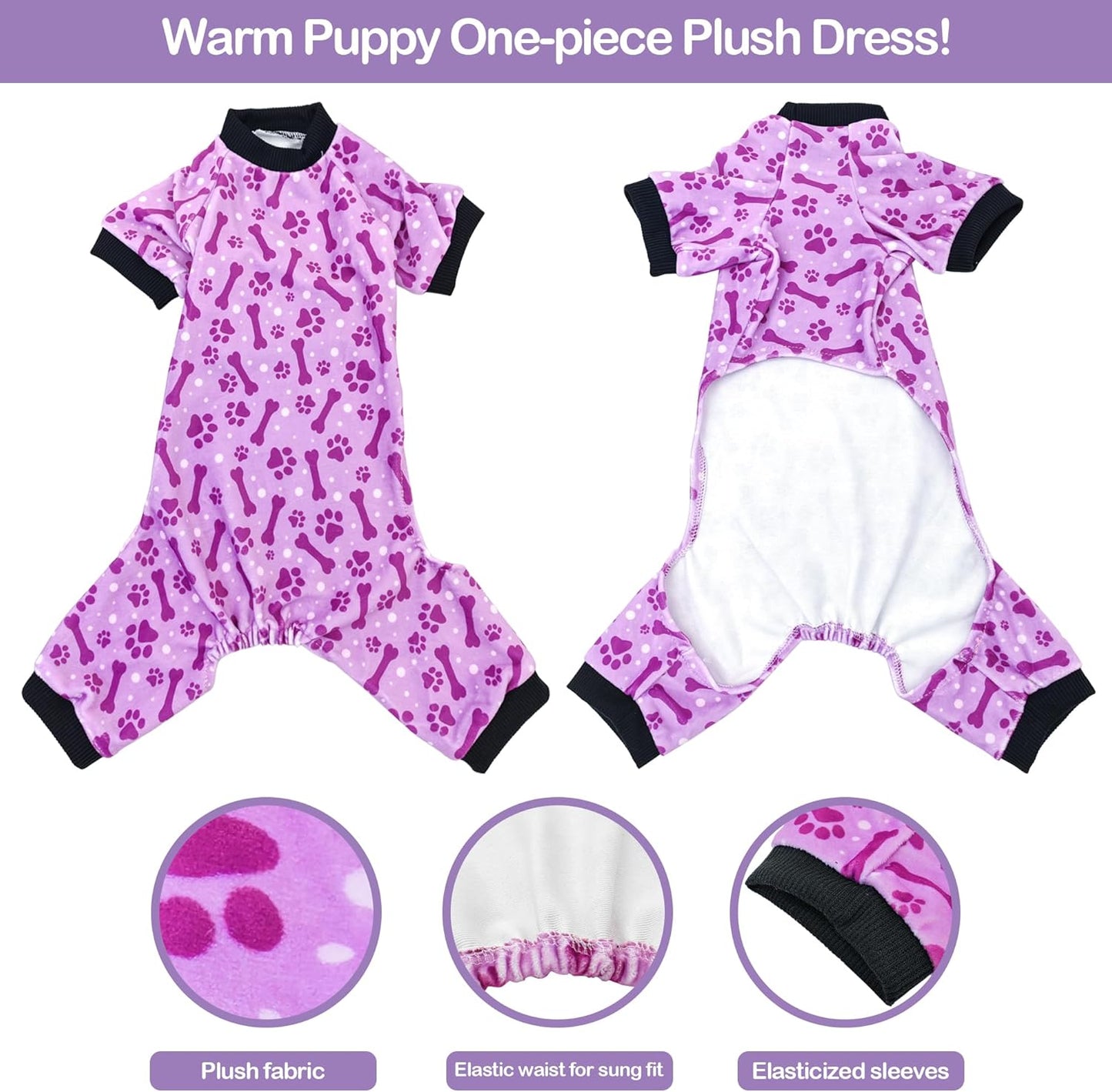 PET SHOW 4 Pack Small Dog Pajamas Paw Bone Patterns Cute Clothes for Medium Dogs Soft Fleece Stretchy PJs 4 Legged Jumpsuit Puppy Cats Onesies Outfits with Sleeve Dachshund Doggies Girl Boy (XX-Large)