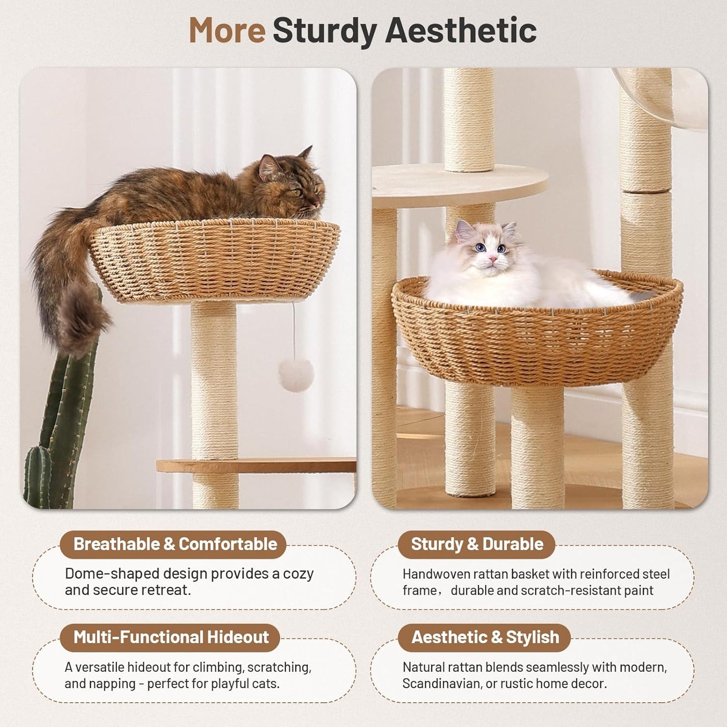 Rattan Cat Climbing Tower Condo with Scratching Post,Capsule,Basket,and Bed Modern Heavy Duty Cat Tree for Indoor Cat Large Adult