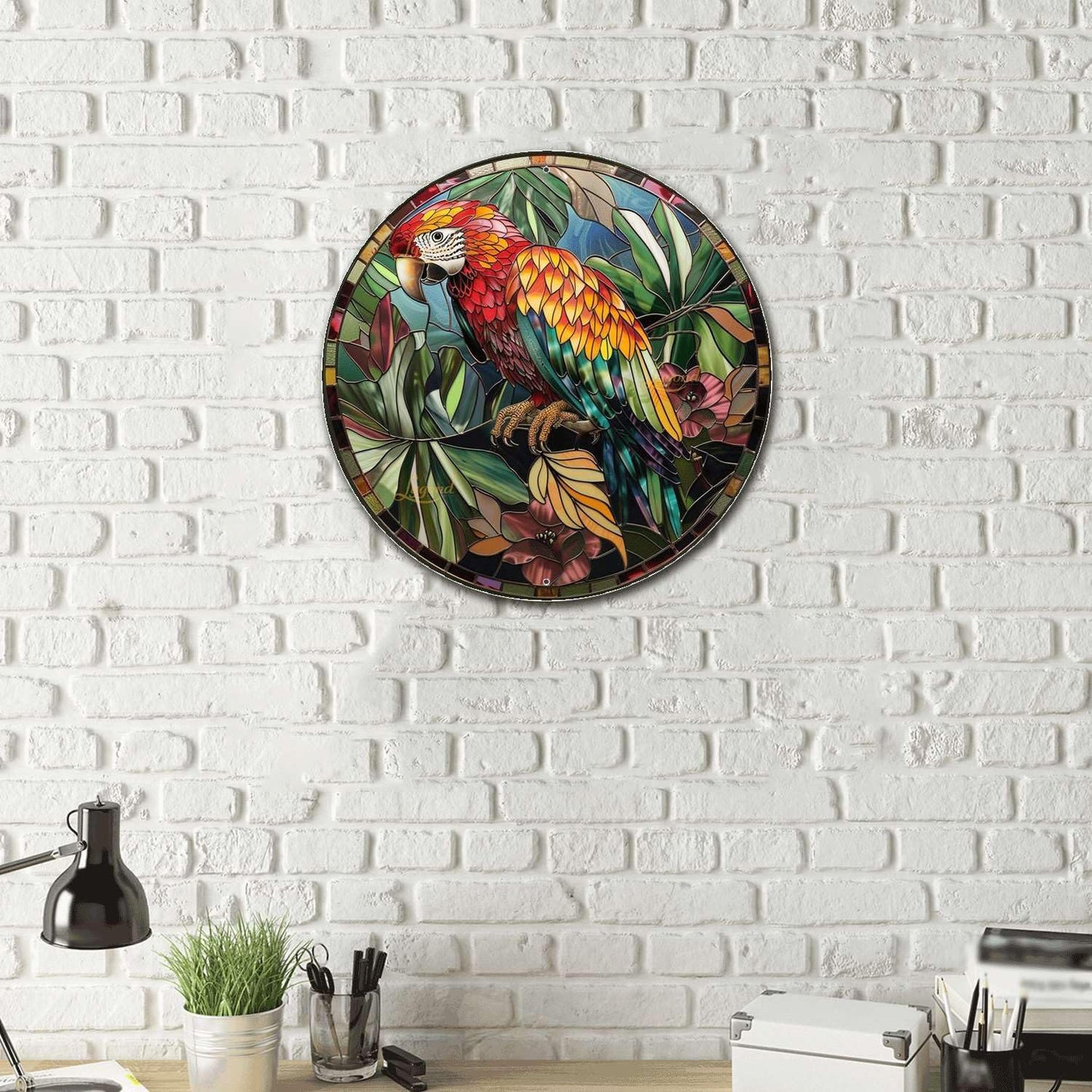 Lygond Metal Sign Tin Sign Circular Stained Glass Parrot Funny Outdoor Decor for Restaurant 12×12 Inches