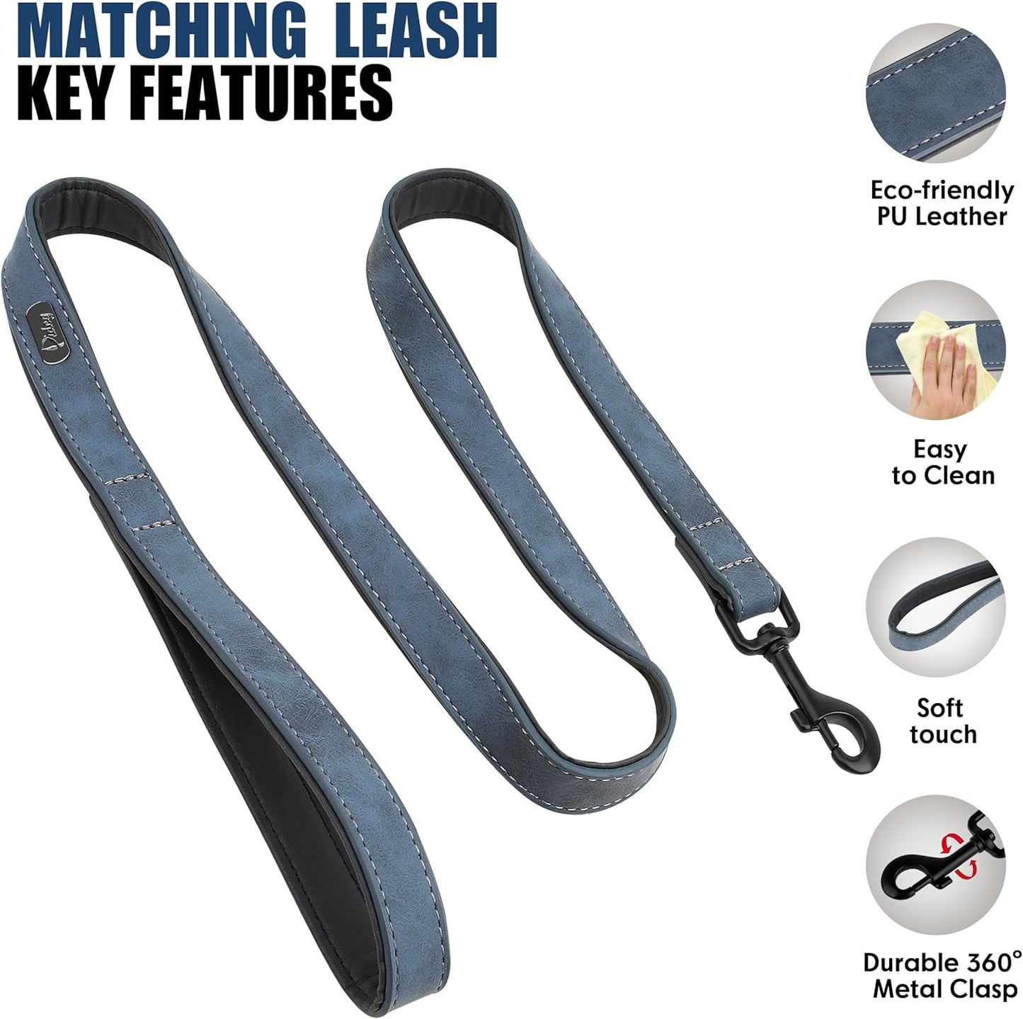 Didog Soft Padded Leather Dog Collar and Leash Set, Adjustable Dog Leash and Collar Set with Metal Buckle, Breathable Dog Collars with 4FT Faux Leather Dog Leash for Small Medium Large Dogs, Blue, XL