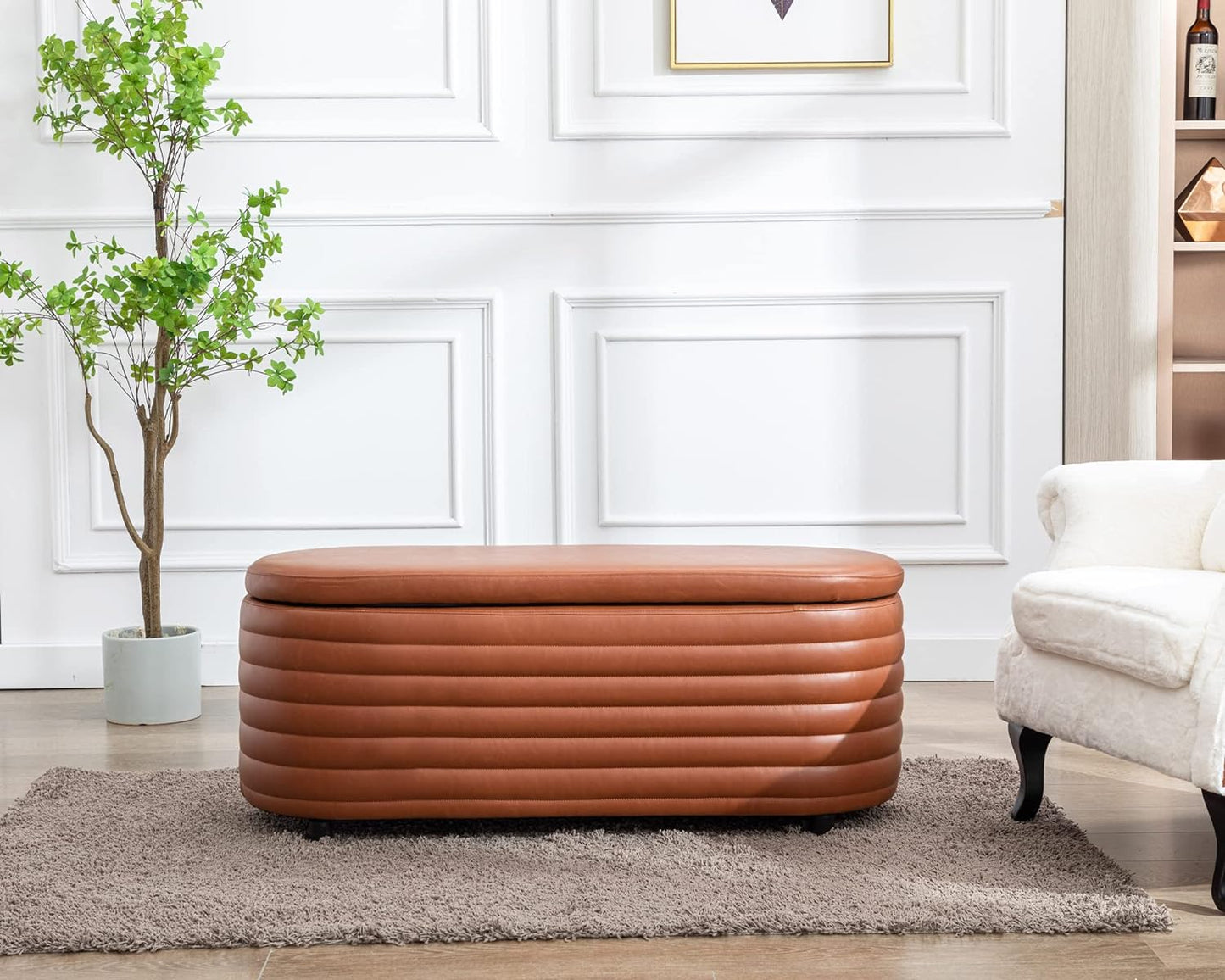 Storage Ottoman Bench Upholstered PU Leather End of Bed Stool with Safety Hinge for Bedroom, Living Room, Entryway (44.5-inch, Brown), TN2436