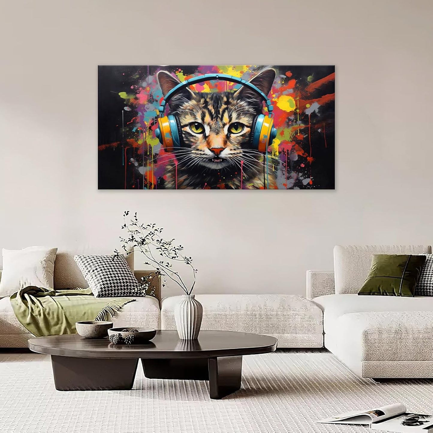 Large Banksy Cat Wall Art Colorful Graffiti Canvas Living Room Pictures Framed Prints Street Pop Modern Wall Decor Painting Artwork for Bedroom Dining Office Home 60"x30"