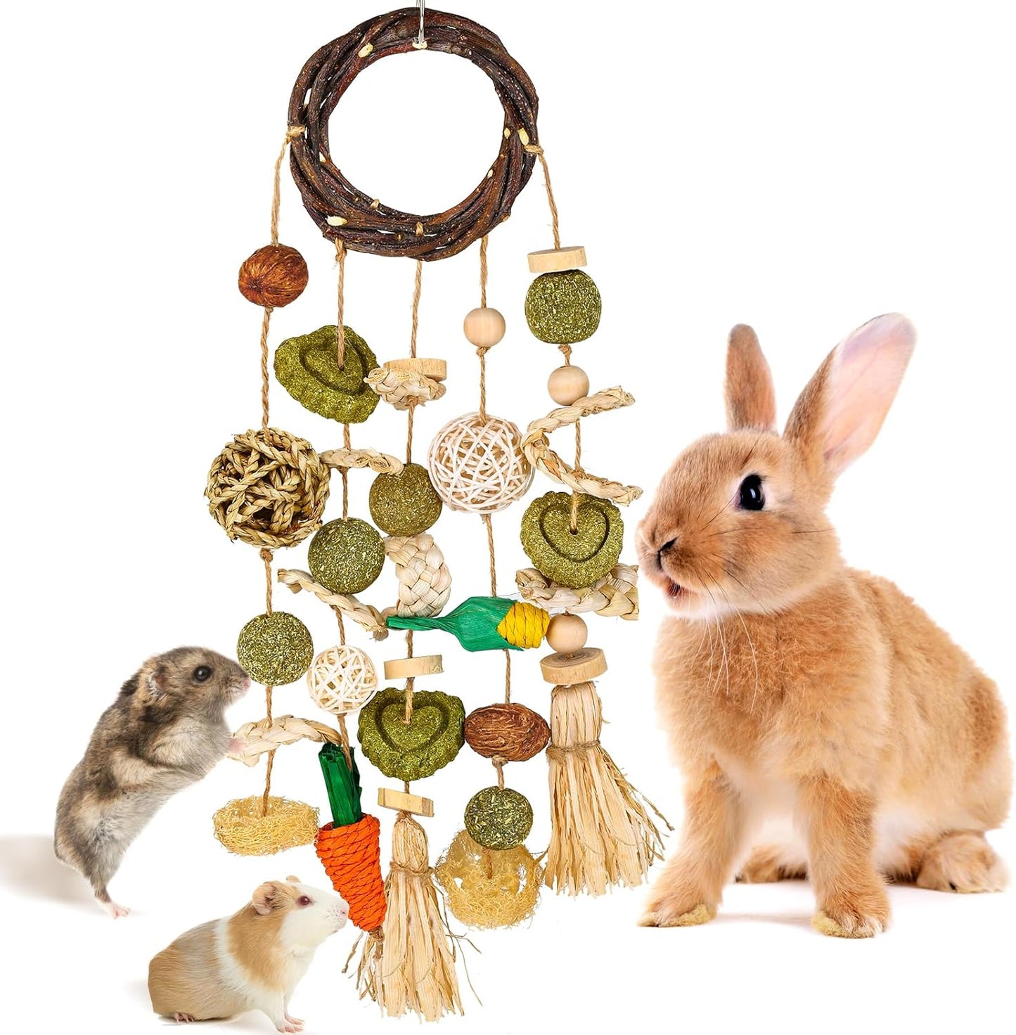 VESPRO Bunny Chew Toys, Rabbit Cage Hanging Chewing Toy and Treats Snack Ring, for Rabbits Chinchilla Guinea Pig Hamsters Grinding Teeth with Other Small Pets, Natural Materials Handwoven (5 Strings)