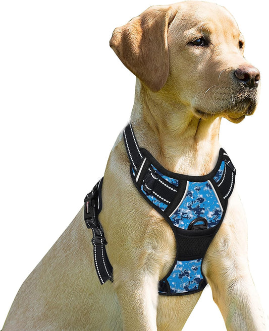 BARKBAY No Pull Dog Harness Front Clip Heavy Duty Reflective Easy Control Handle for Large Dog Walking(Blue camo,S)