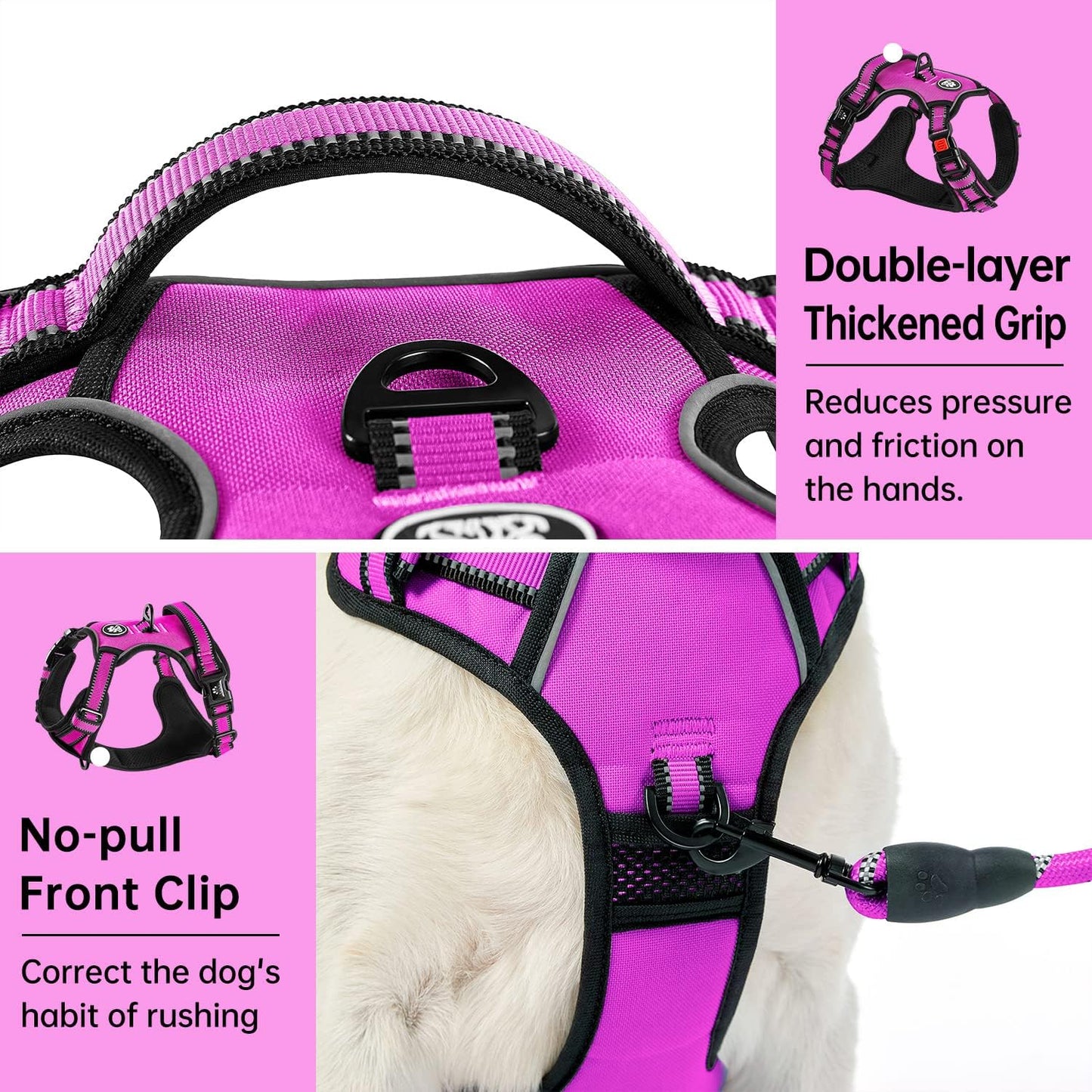 IVY&LANE No Pull Dog Harness for Large Dogs, Dog Vest Harness with Leash, Safety Belt and Storage Strap, Fully Adjustable Harness, 360° Reflective Strip, Soft Handle (Fuchsia Pink, XL)
