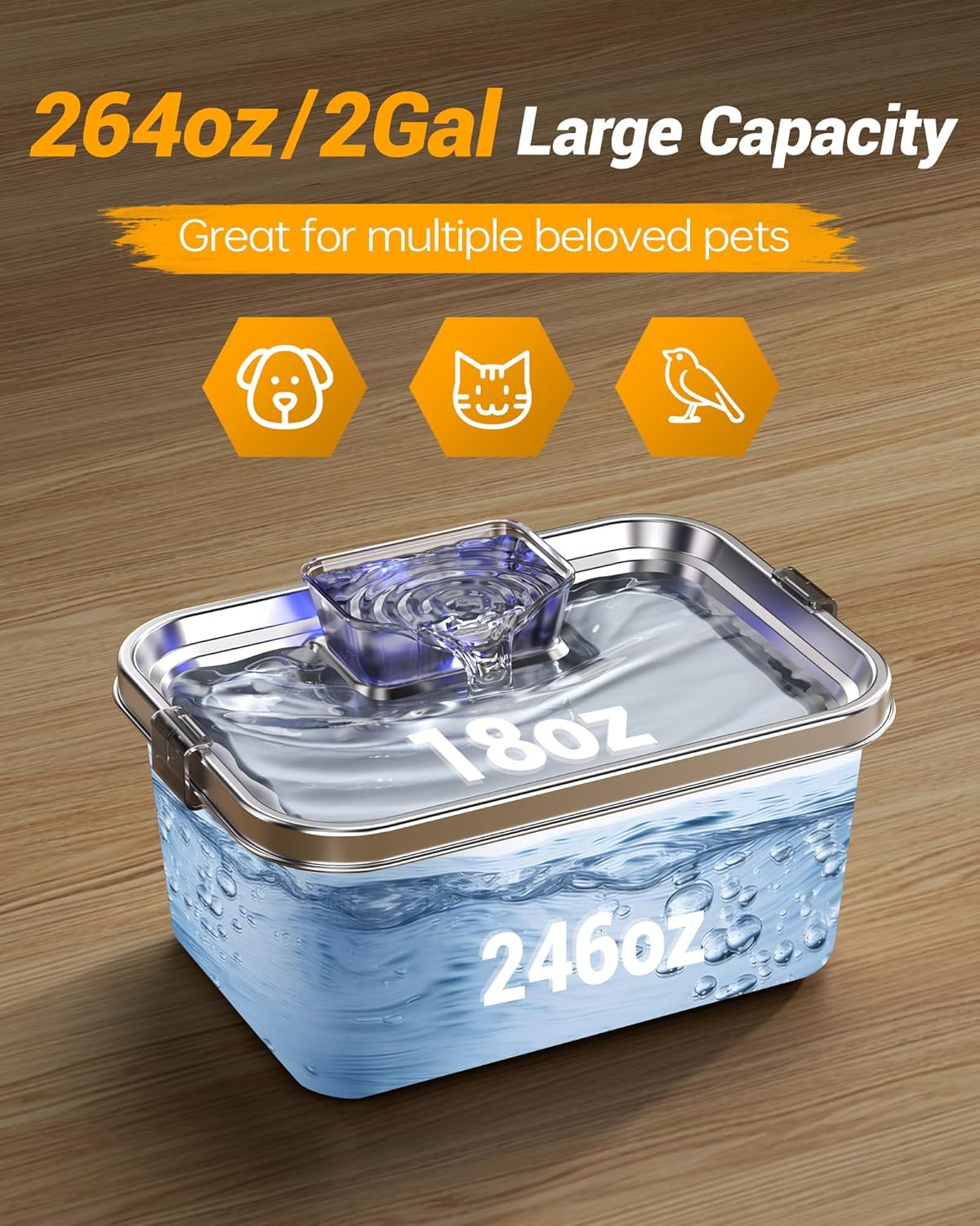 Dog Water Fountain for Large Dogs 2Gal/264oz Large Capacity Pet Water Dispenser Stainless Steel Water Cat Fountain Automatic Dog Water Bowl Dispenser with 3 Filters Ultra Quiet Pump Easy to Clean