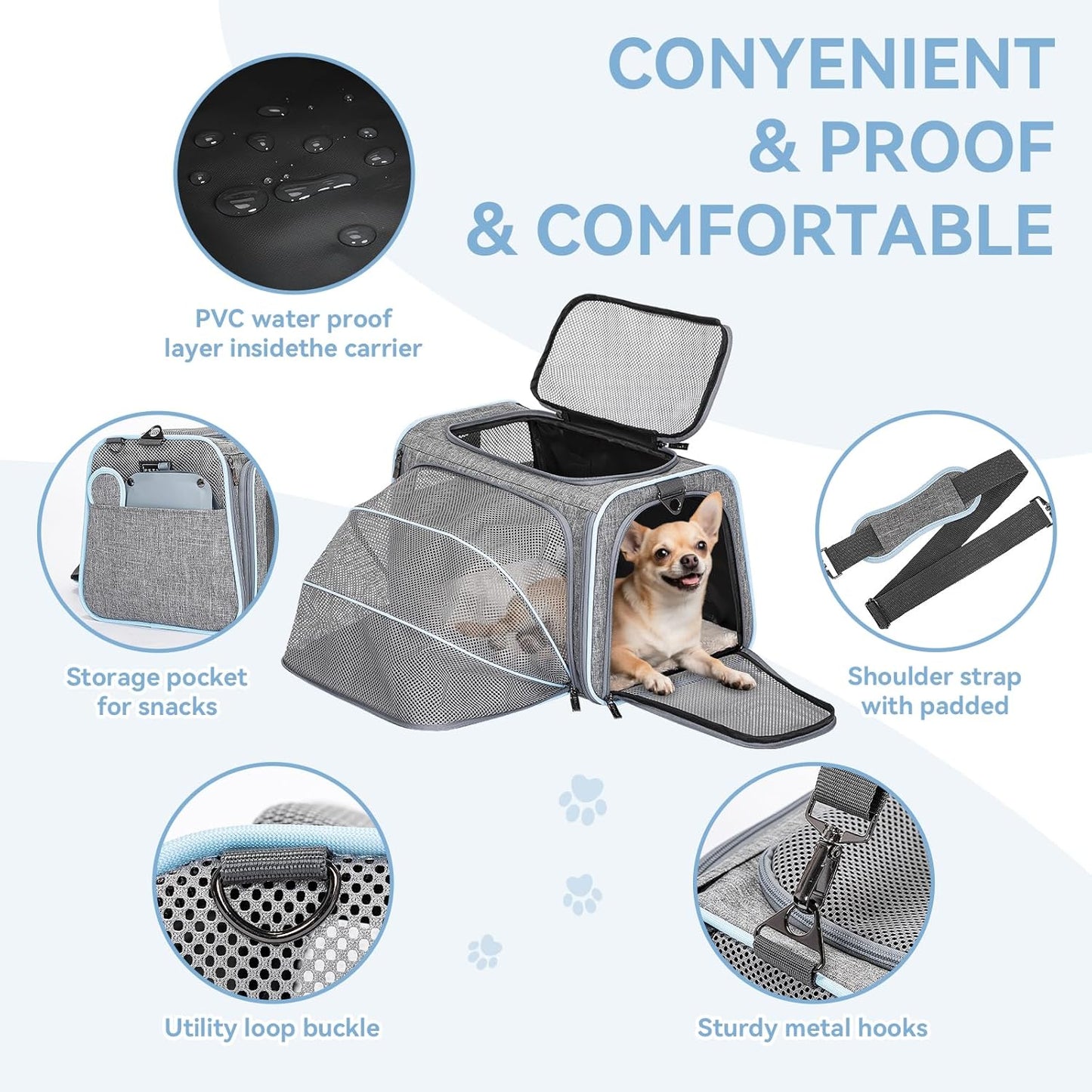 Petsfit Expandable Cat Carrier Dog Carriers,Airline Approved Soft-Sided Portable Pet Travel Washable Carrier for Kittens,Puppies,Removable Soft Plush mat and Pockets,Locking Safety Zippers