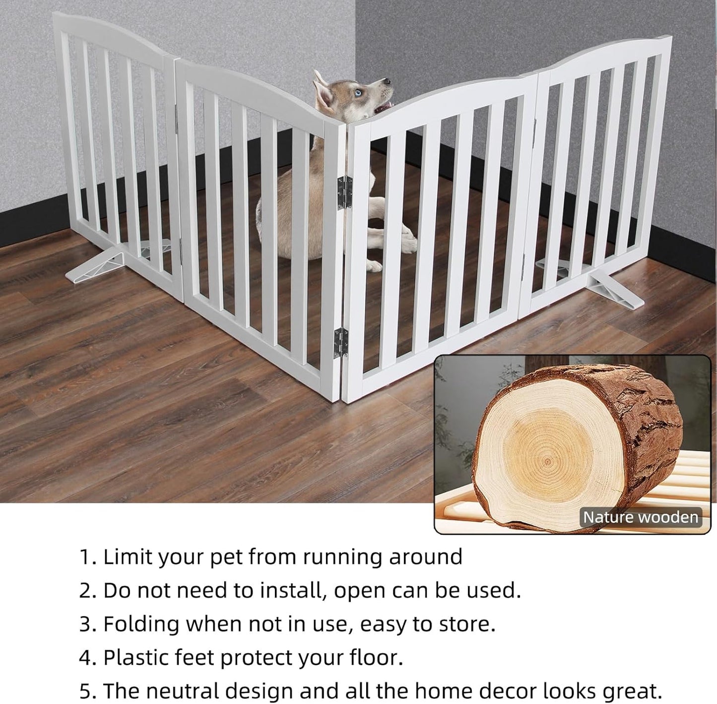 ZJSF Foldable Freestanding Indoor Dog Gate for House Wood White Long Pet Gates Dog Fence for Stairs Puppy Gates for Hallways,Pet Fence, Puppy Gate,Support Feet Included 32 "Height-2 Panels