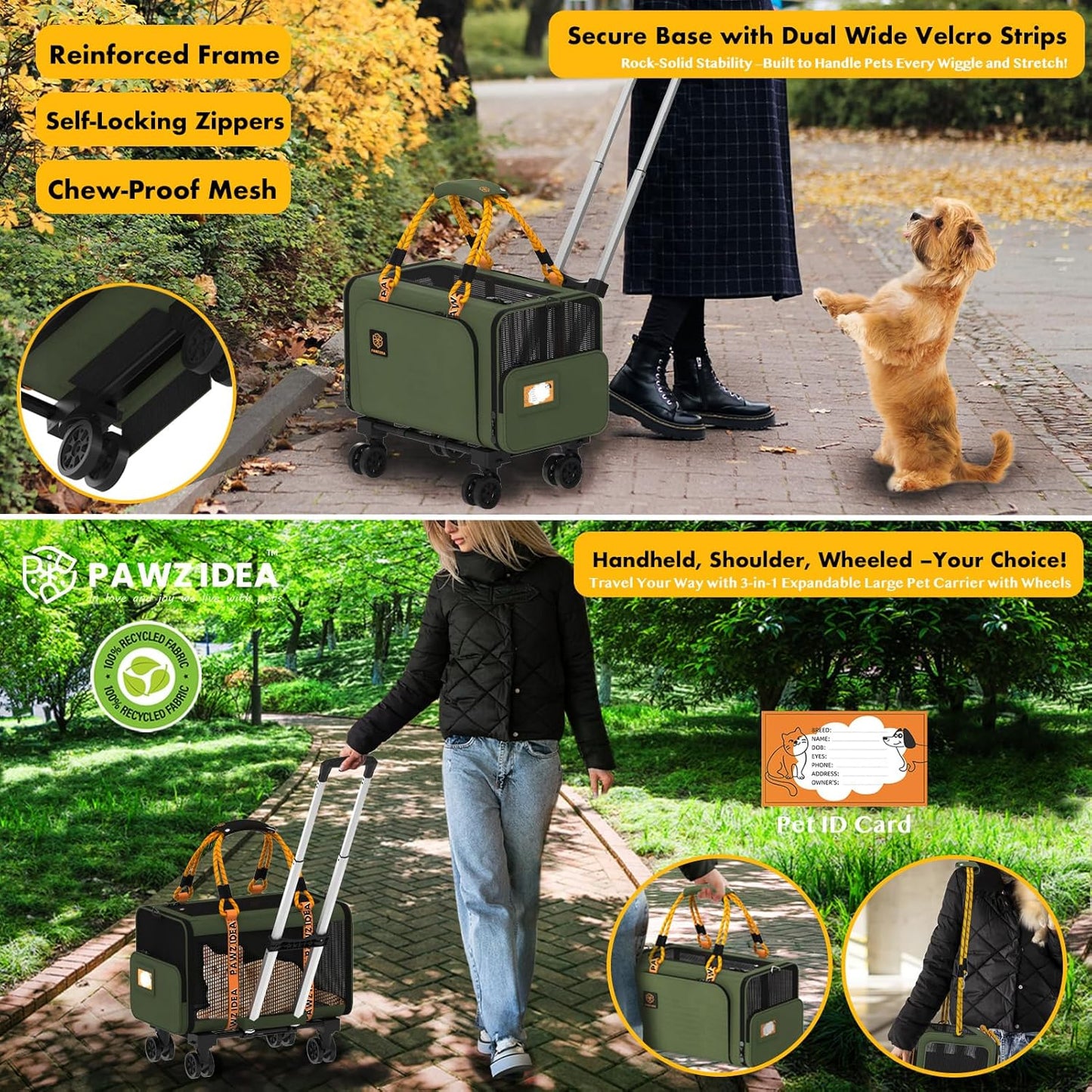 PAWZIDEA Pet Carrier with Wheels, 18x11x11 TSA Airline Approved Cat Carrier for 2 Cats Under Seat, Expandable Soft-Sided Dog Carrier for Small Dogs Rolling Travel Bag with Telescopic Handle, Foldable