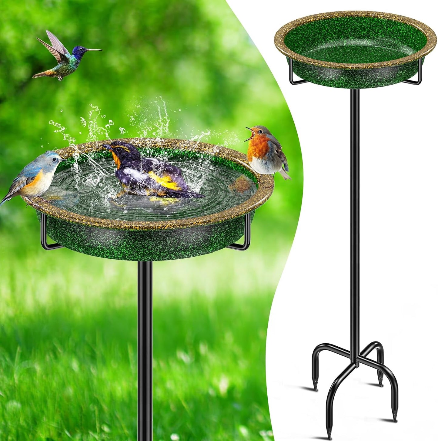 38In Metal Bird Bath for Outside, Vintage Freestanding Birdbaths & Birdfeeder, Detachable Decoration Spa Bird Feeder for Outdoors Garden Patio Yard Lawn, 4 Spiky Feet(Green)