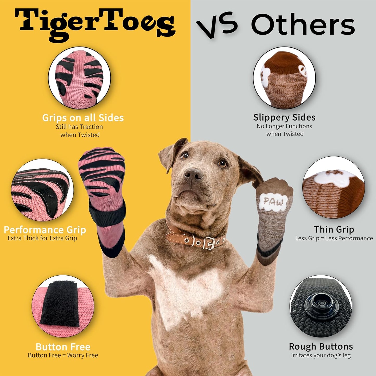 DOK TigerToes Premium Non-Slip Dog Socks for Hardwood Floors - Extra-Thick Grip That Works Even When Twisted - Prevents Licking, Slipping, and Great for Dog Paw Protection (Sassy Pink, Small)