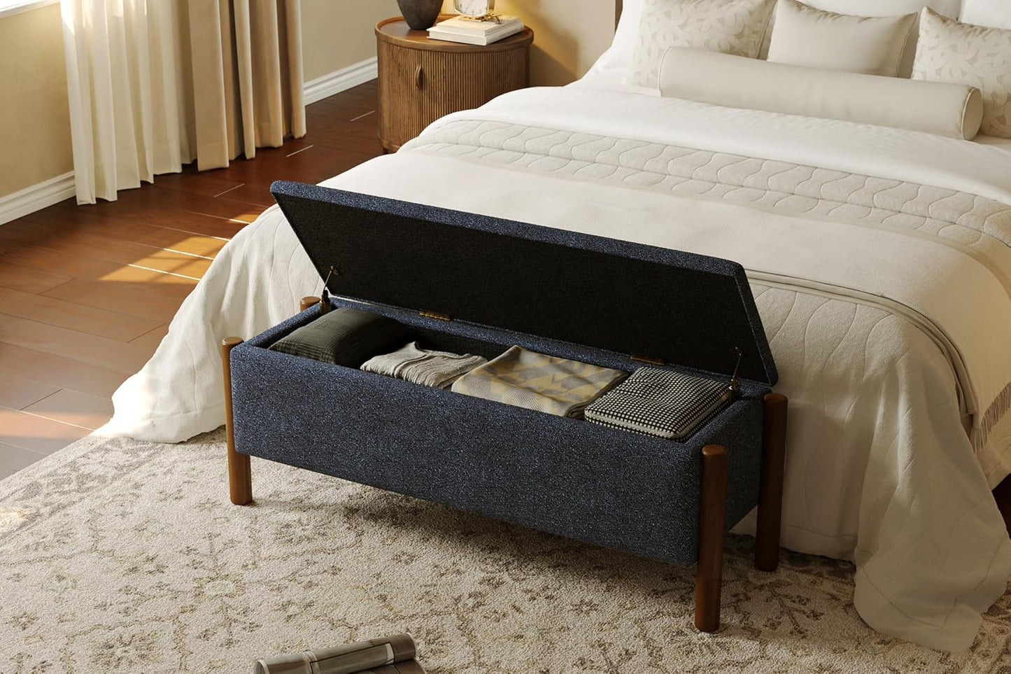 Modern Storage Benches with Walnut Wood Legs, 47'' Ottoman Bench with 20 Gallons Storage Space for Bedroom End of Bed, Fabric Upholstered Entryway Bench with Seating for Livingroom, Blue