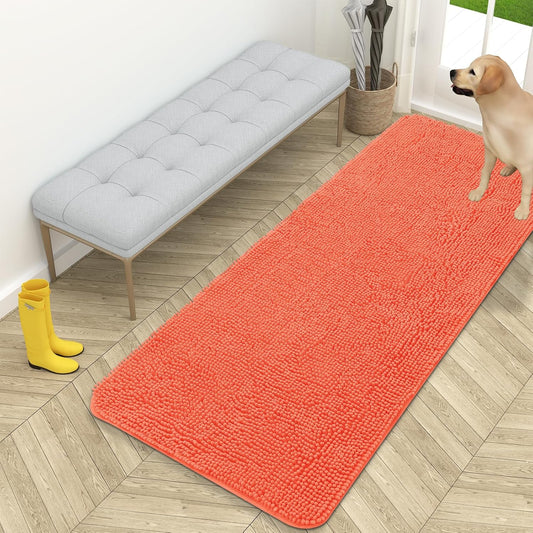OLANLY Dog Door Mat for Muddy Paws 59x24, Absorbs Moisture and Dirt, Absorbent Non-Slip Washable Doormat, Quick Dry Chenille Mud Mat for Dogs, Entry Indoor Entryway Carpet for Inside Floor, Coral