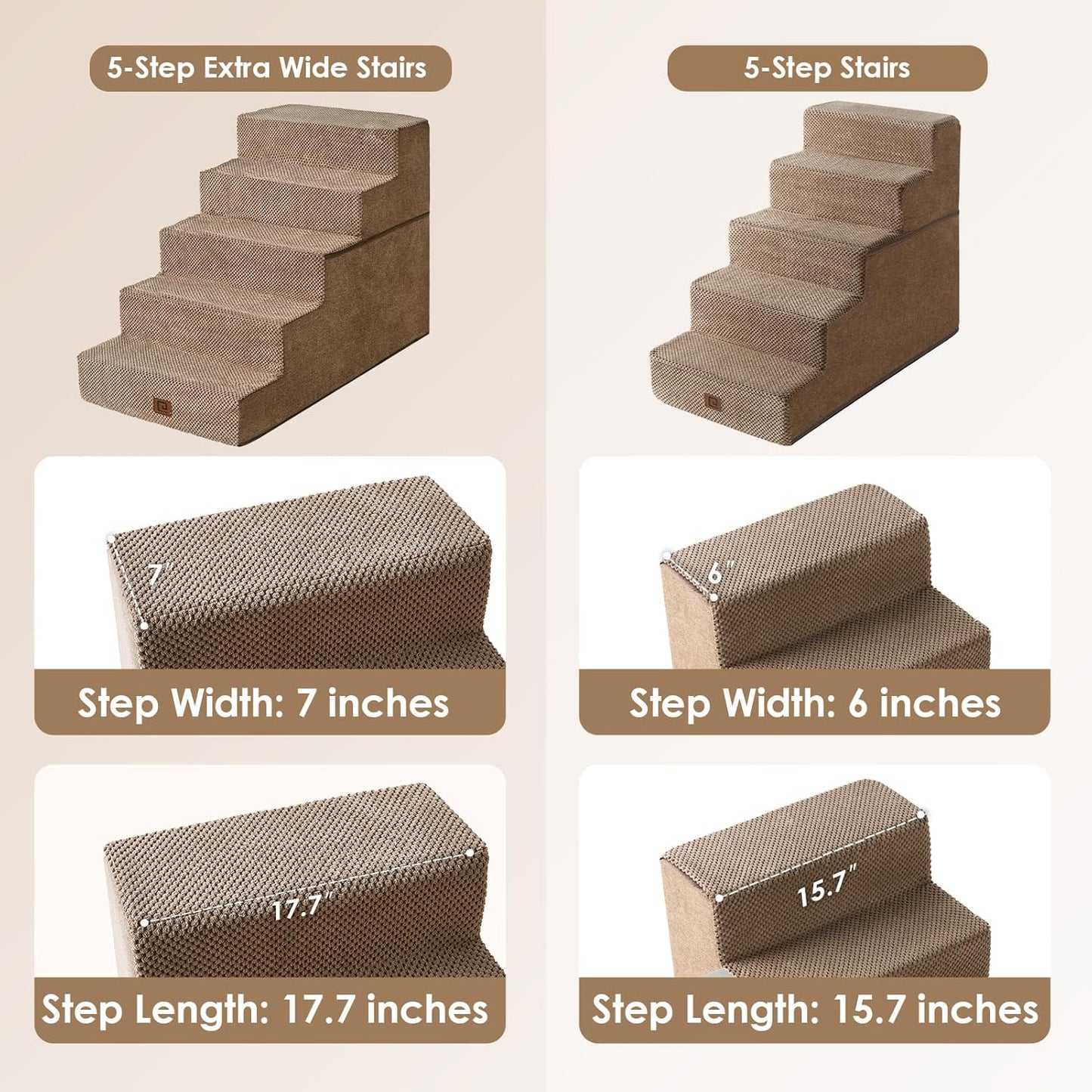 EHEYCIGA Dog Stairs for High Bed 25" H, 5-Step Extra Wide Dog Steps for Bed, Pet Steps for Small Dogs and Cats, Non-Slip Balanced Pet Ramp Indoor, Camel