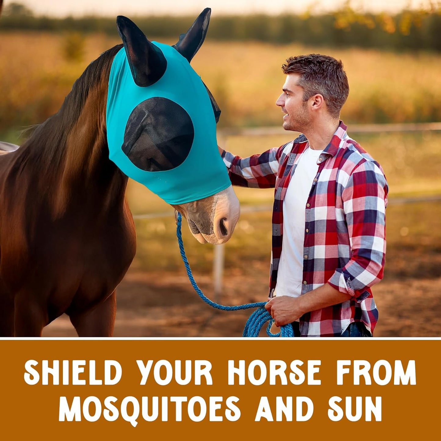 Horse Fly Mask - Durable Equine Fly Mask with Full Coverage for Eye & Ear - Stretchable UV & Sun Protection Flymask for Horses, Ponies & Mini Horses - Horse Face Cover for Pasture & Trail - Orange