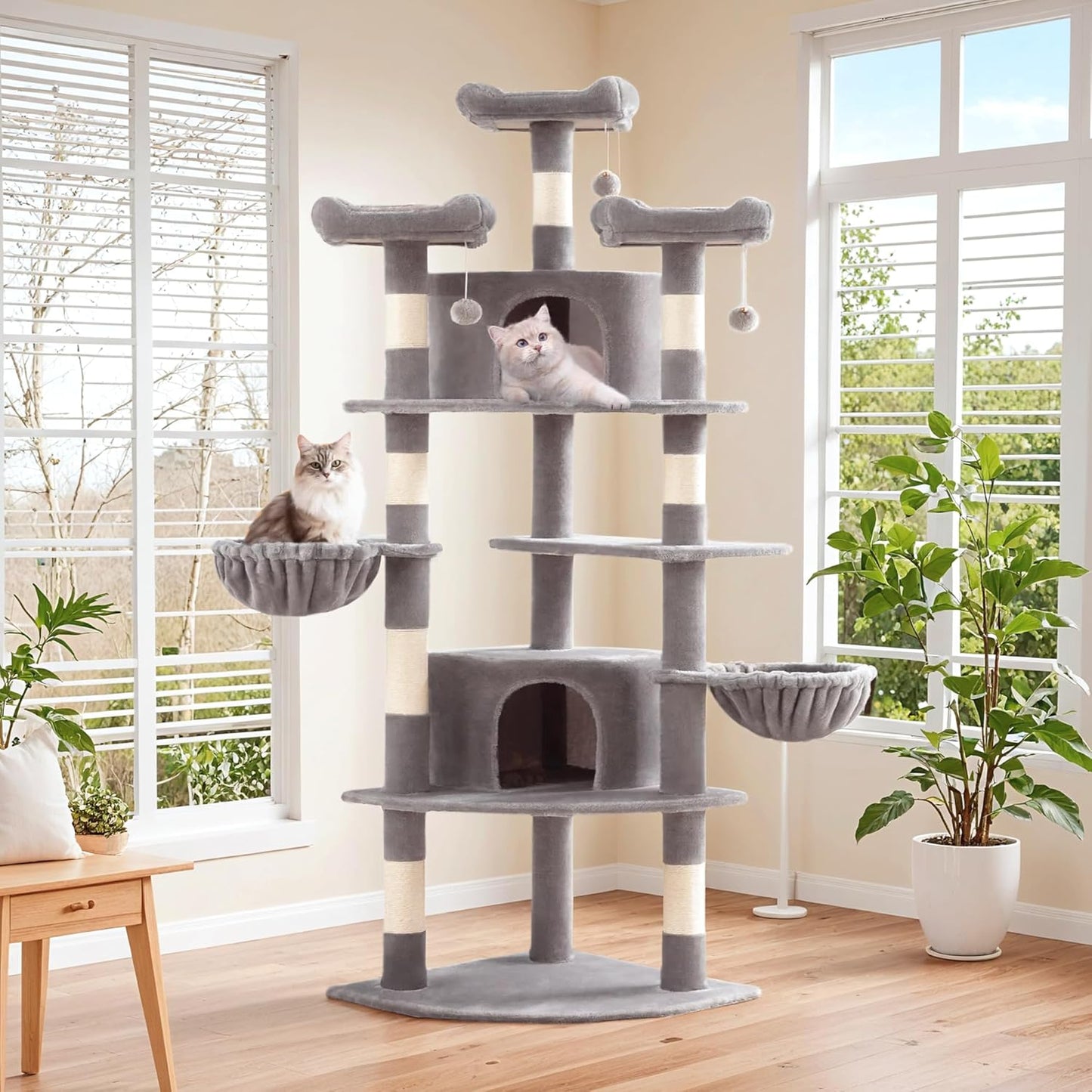 SHA CERLIN 73" Space-Saving Cat Tree/Multi-Level Tall Cat Tower with Perches/Scratching Posts/Condo & Hanging Baskets/Modern Fan-Shaped Design for Indoor Kitties/Pet Activity House/Grey
