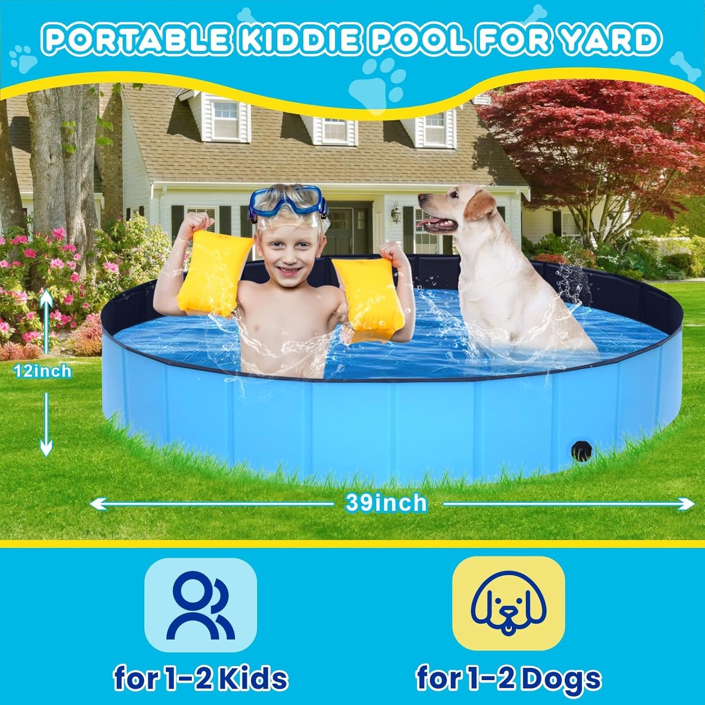 Foldable Dog Pool,39" Collapsible Dog Kids Swimming Pool for Backyard, Portable Kiddie Pool Hard Plastic,Multifunction Ball Pit Pets Bathing Tub for Kids Baby Toddler Dog