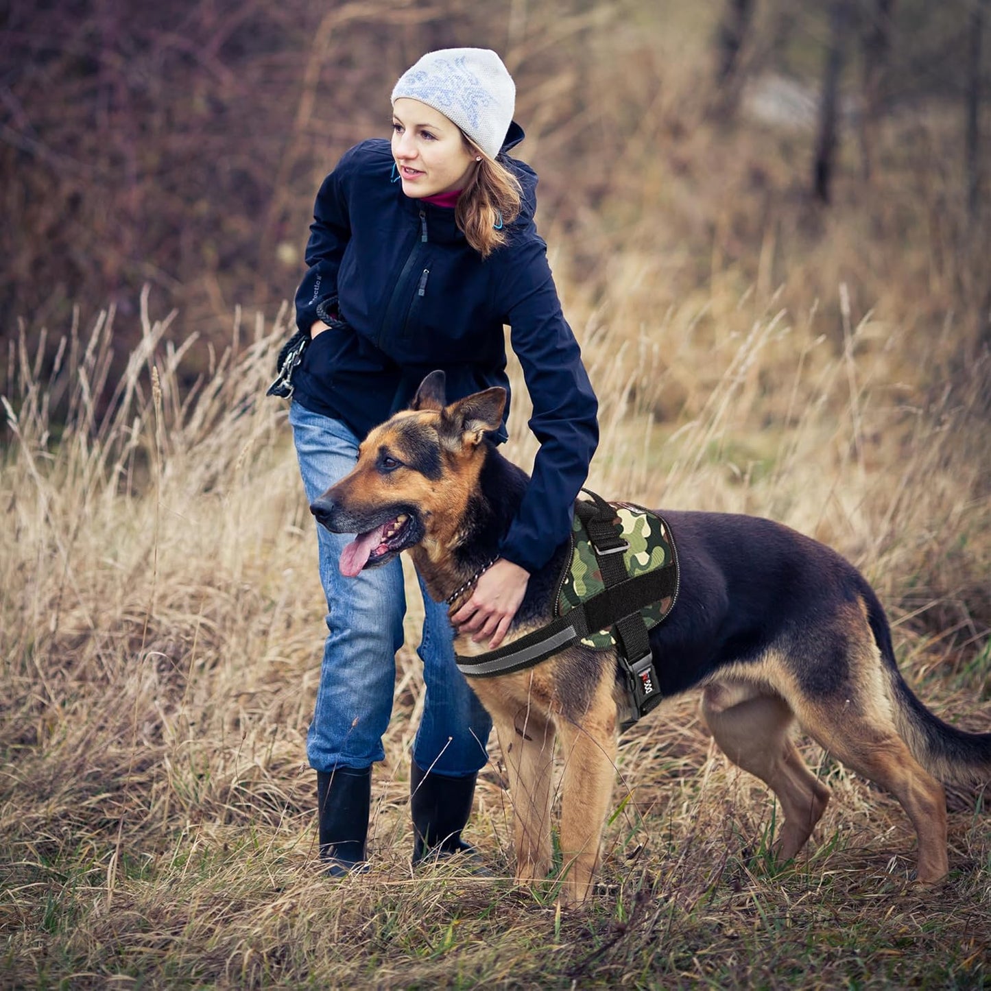 Dogline Dog Harness, Reflective No-Pull Adjustable Vest with Handle for Walking, Training, Breathable, No - Choke Harness for Small, Medium or Large Dogs Room for Patches Girth 15 to 18 in Green Camo