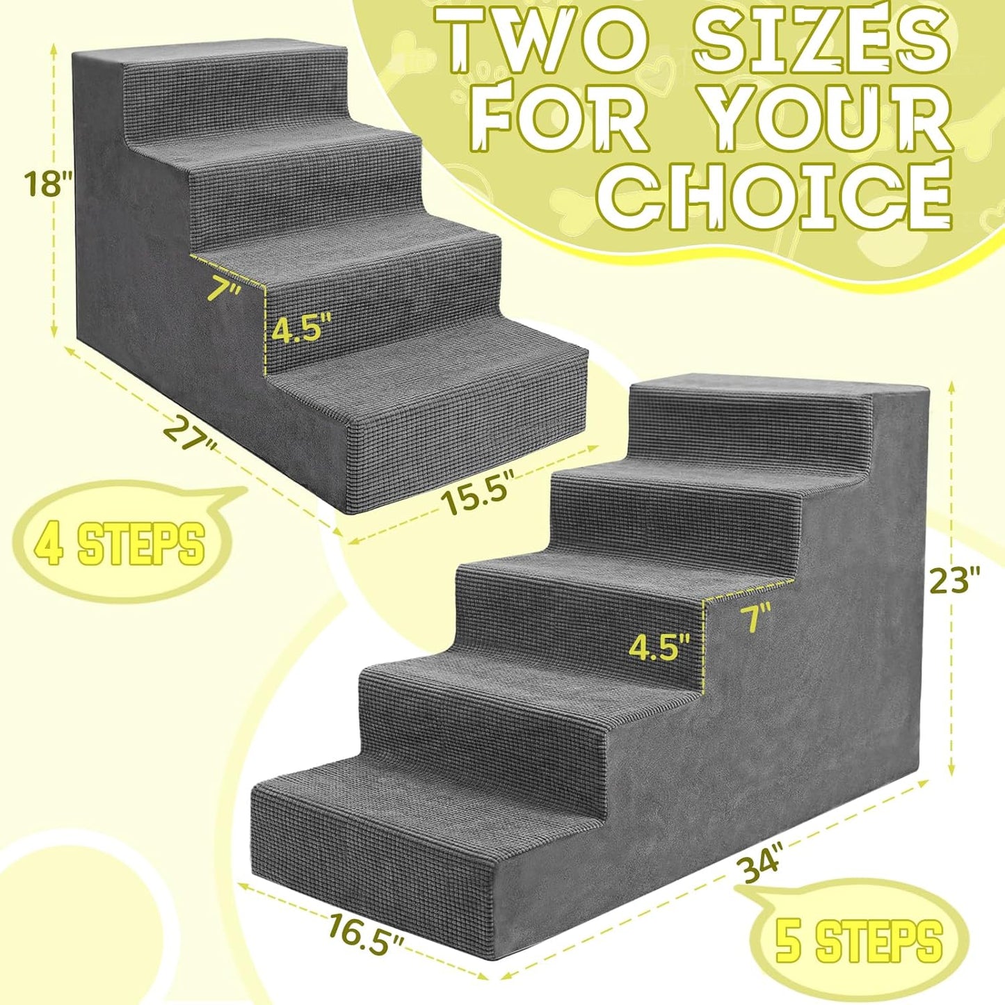 Niubya Dog Stairs for Small Dogs and Cats,18'H Non-Slip Bottom Pet Steps for High Beds and Couch,High-Density Foam Pet Stairs Grey,4 Steps