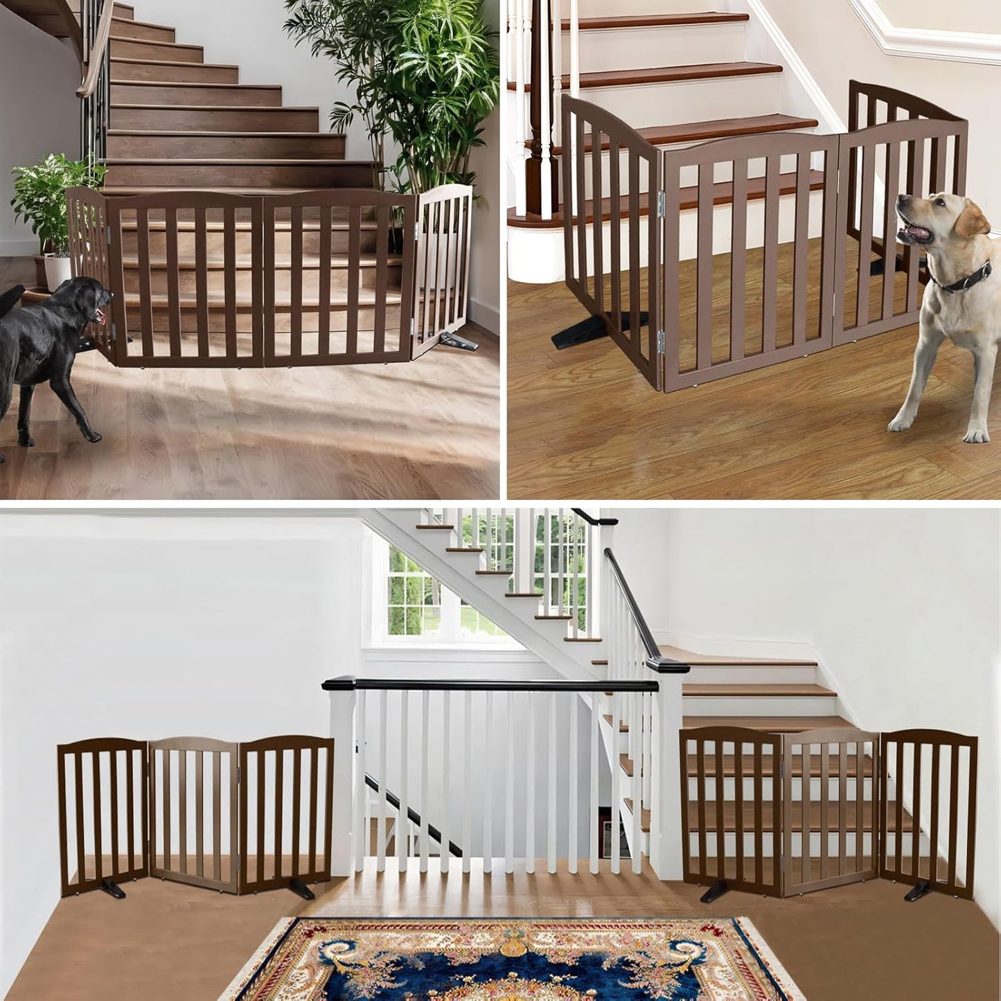 ZJSF Foldable Freestanding Indoor Dog Gate for House Wood Long Pet Gates Dog Fence for Stairs Puppy Gates for Hallways, Puppy Gate,Support Feet Included, Brown, 32 "Height-4 Panels