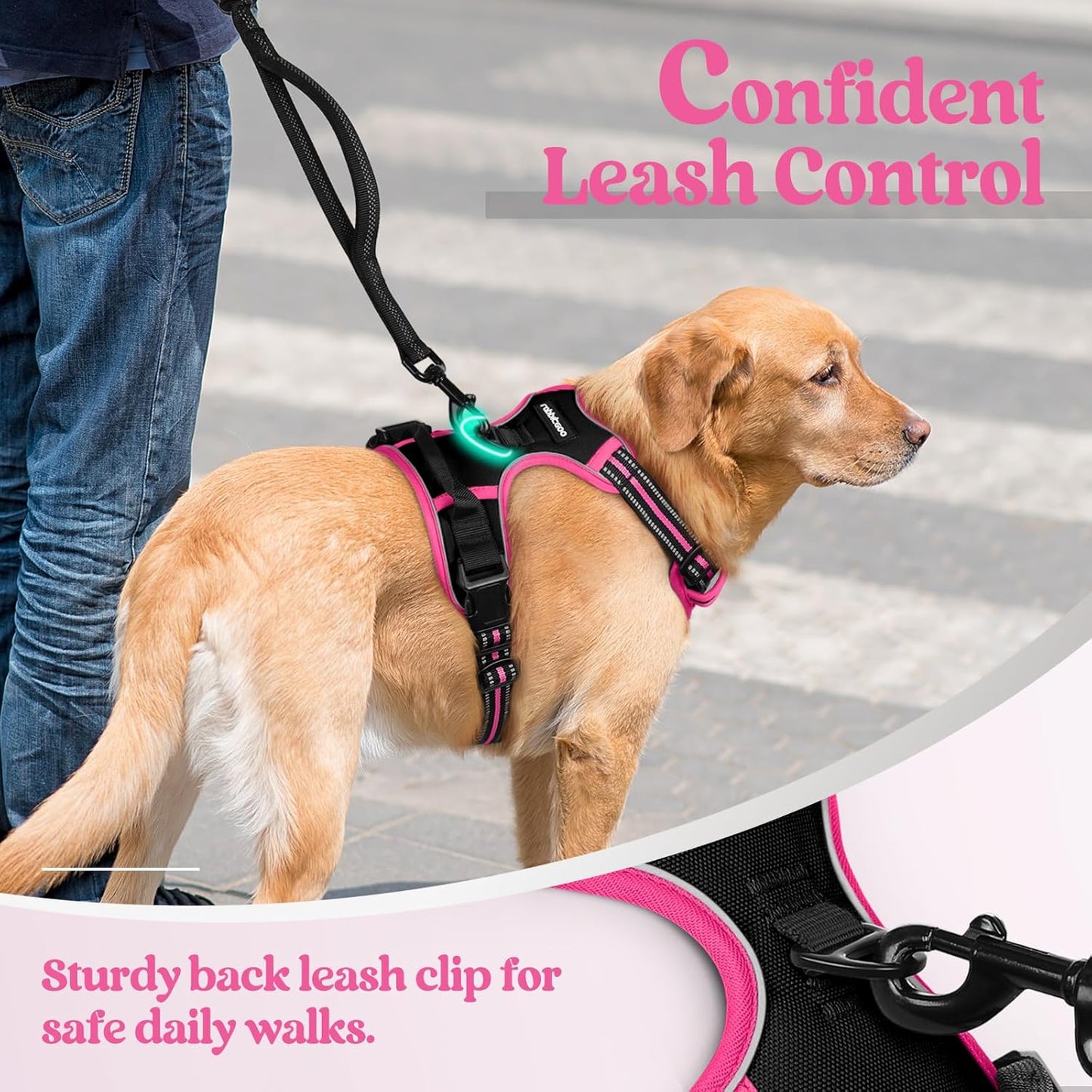 rabbitgoo Dog Harness No Pull with 2 Leash Clips, Adjustable Soft Padded, Reflective Oxford No Choke Pet Vest with Easy Control Handle for Large Dogs, Black & Hot Pink, S