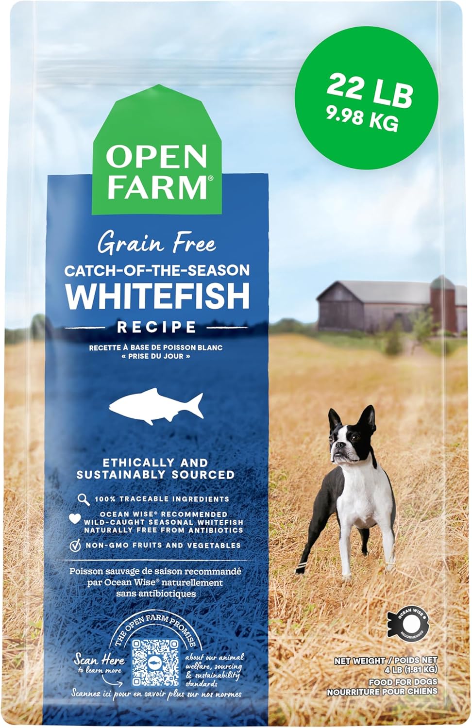 Open Farm, Grain-Free Dry Dog Food, Complete & Balanced Kibble, Sustainably & Ethically Sourced Ingredients, Non-GMO Veggies & Superfoods, Catch-of-The-Season Whitefish Recipe, 22lb Bag