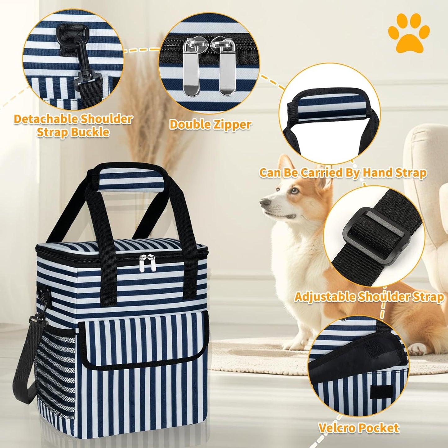 Dog Travel Bag for Camping - Pet Travel Accessories with 2 Collapsible Bowls, 2 Food Containers & Waterproof Feeding Mat - Portable Dog Carrier, Stripe (Small)